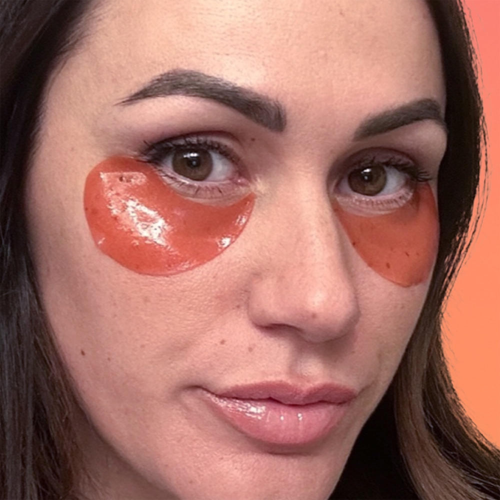 Derma E retinol + bakuchiol patches applied to eye area for smoothing look.