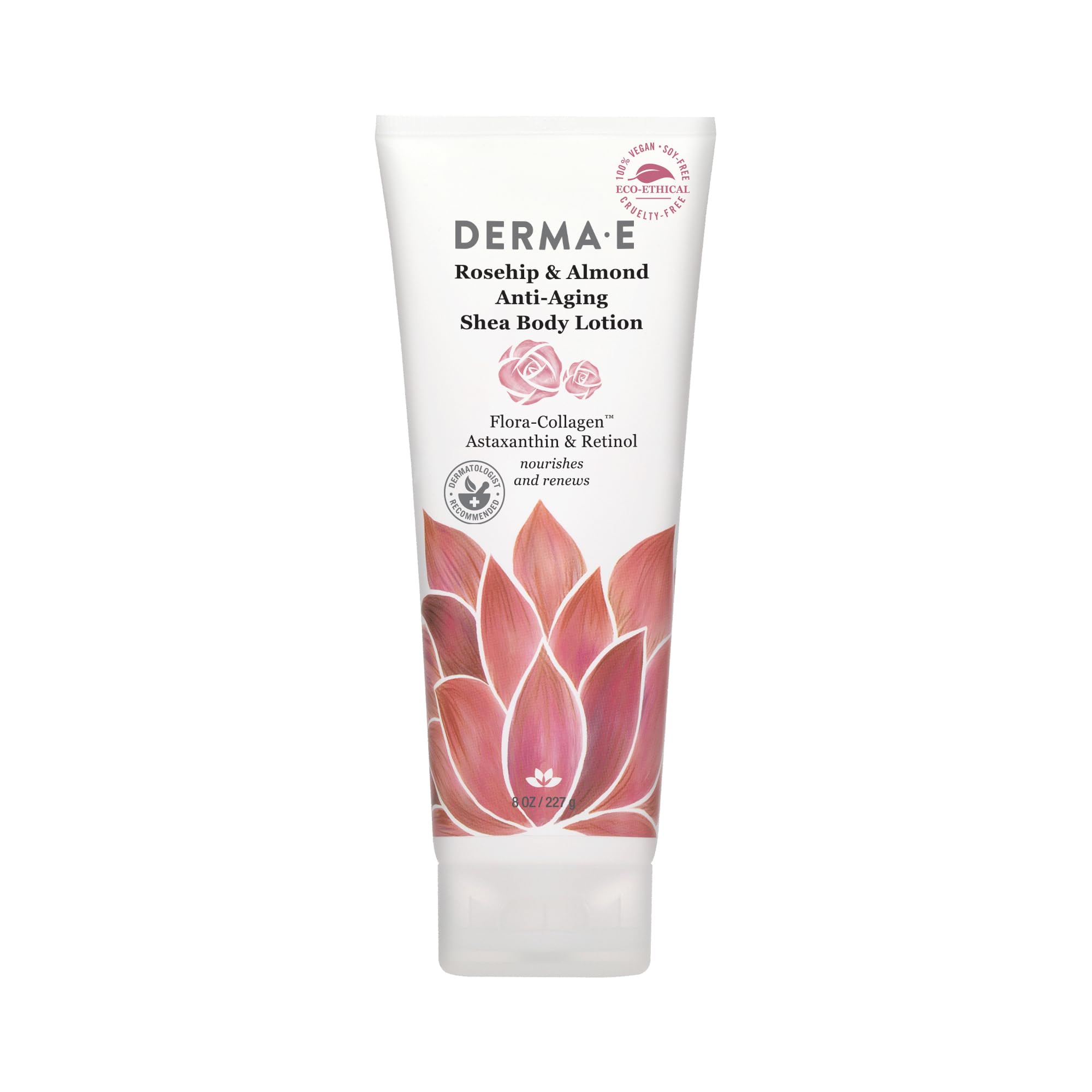 Derma E Rosehip & Almond lotion bottle shows lightweight, non-greasy hydration for dry skin.