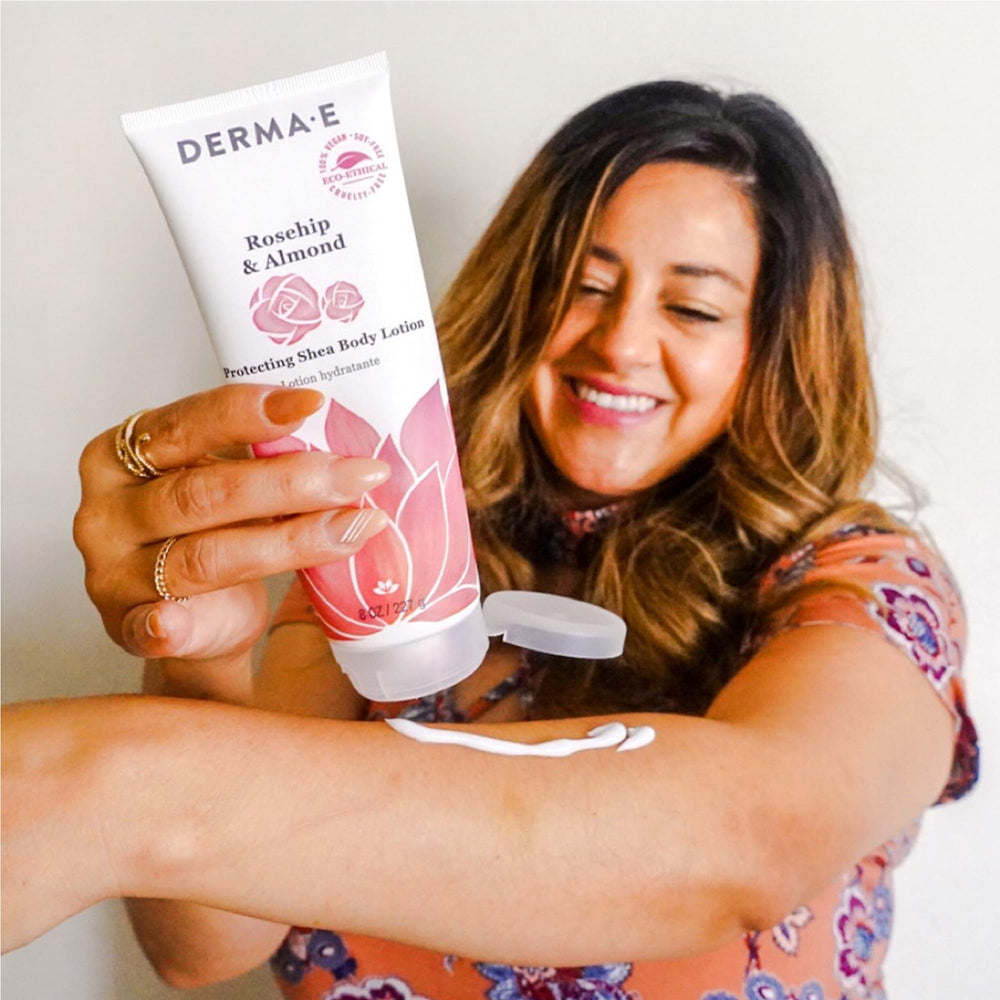Derma E application photo shows targeting dry areas like elbows and knees.