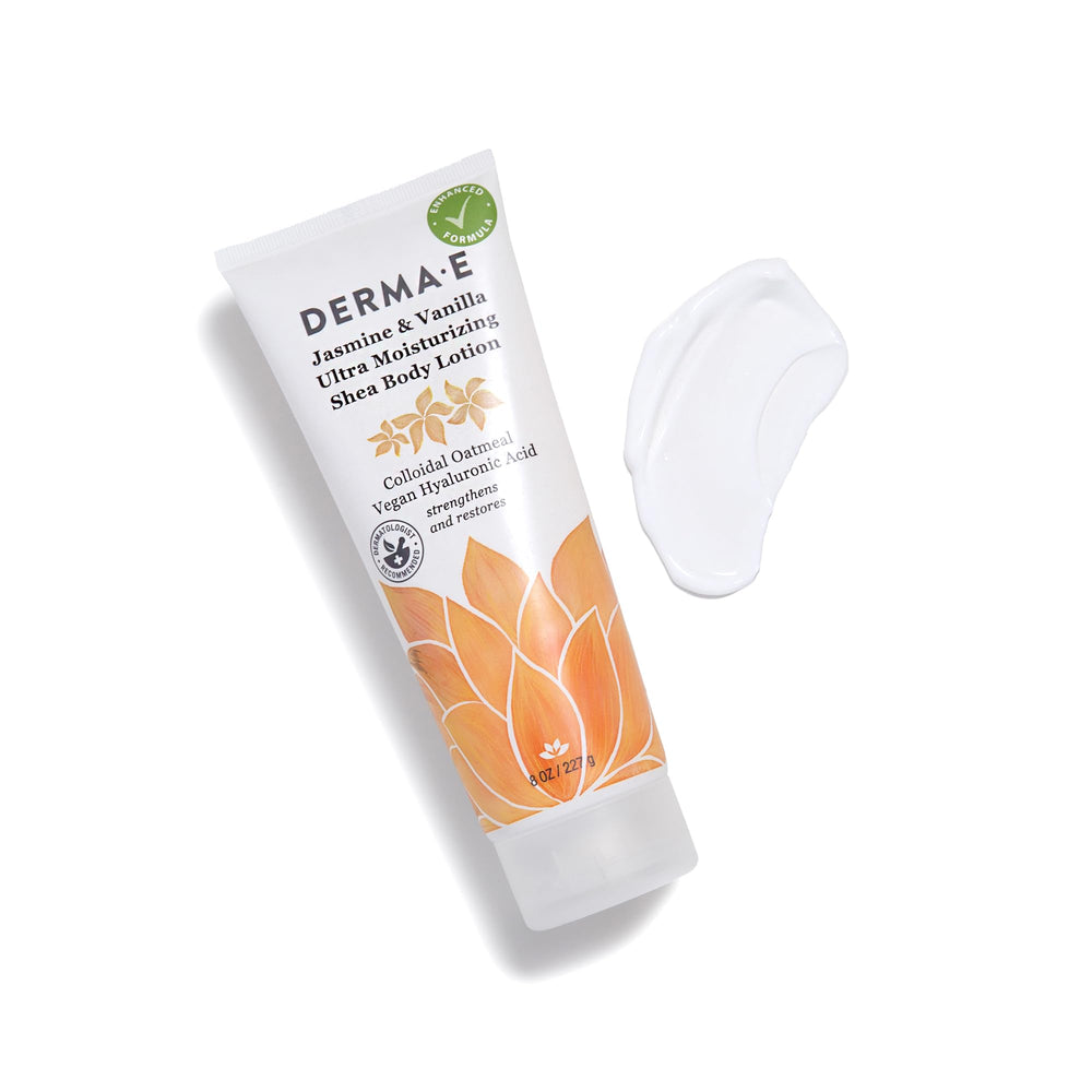 Derma E shea and cocoa butter imagery for deep moisturization.