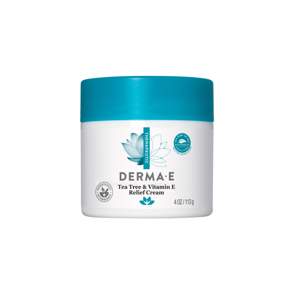 Derma E Tea Tree Relief Cream bottle closeup showcasing calming, moisturizing formula.