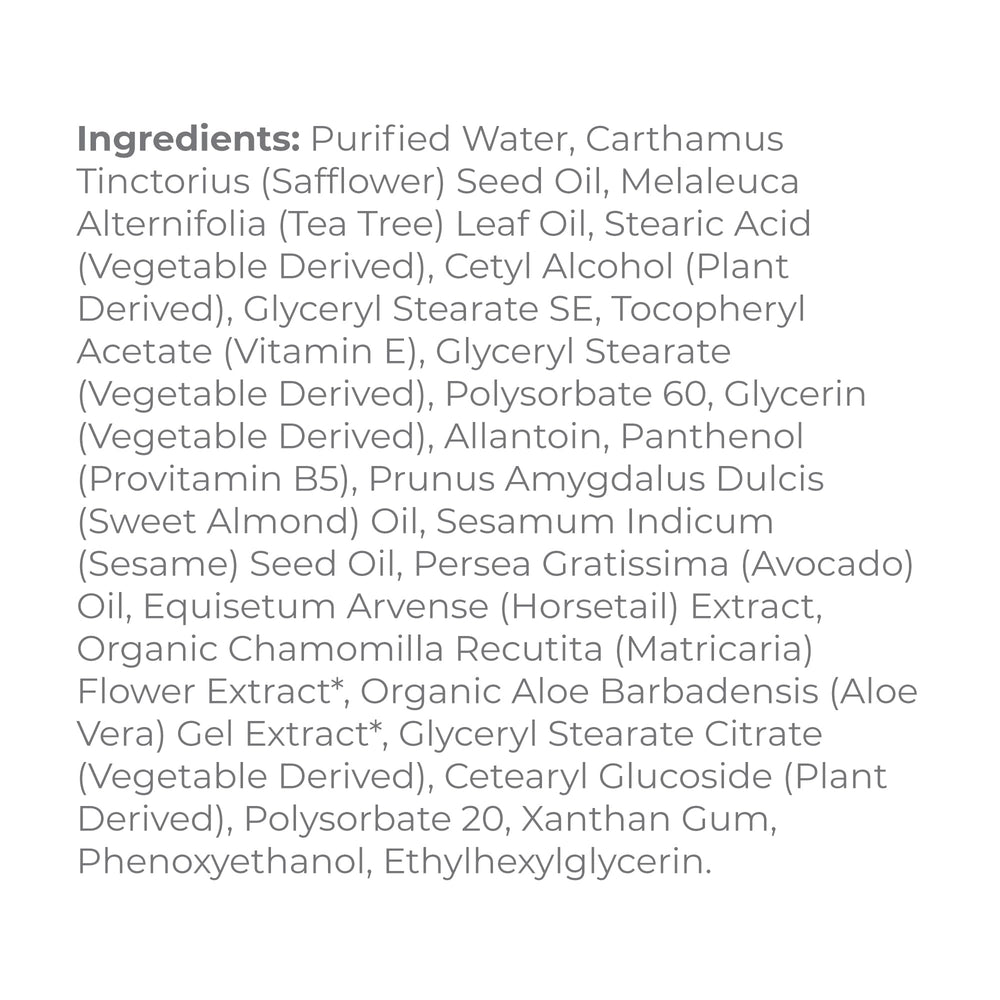 Derma E Tea Tree Relief Cream label closeup highlights vegan, cruelty-free formulation.