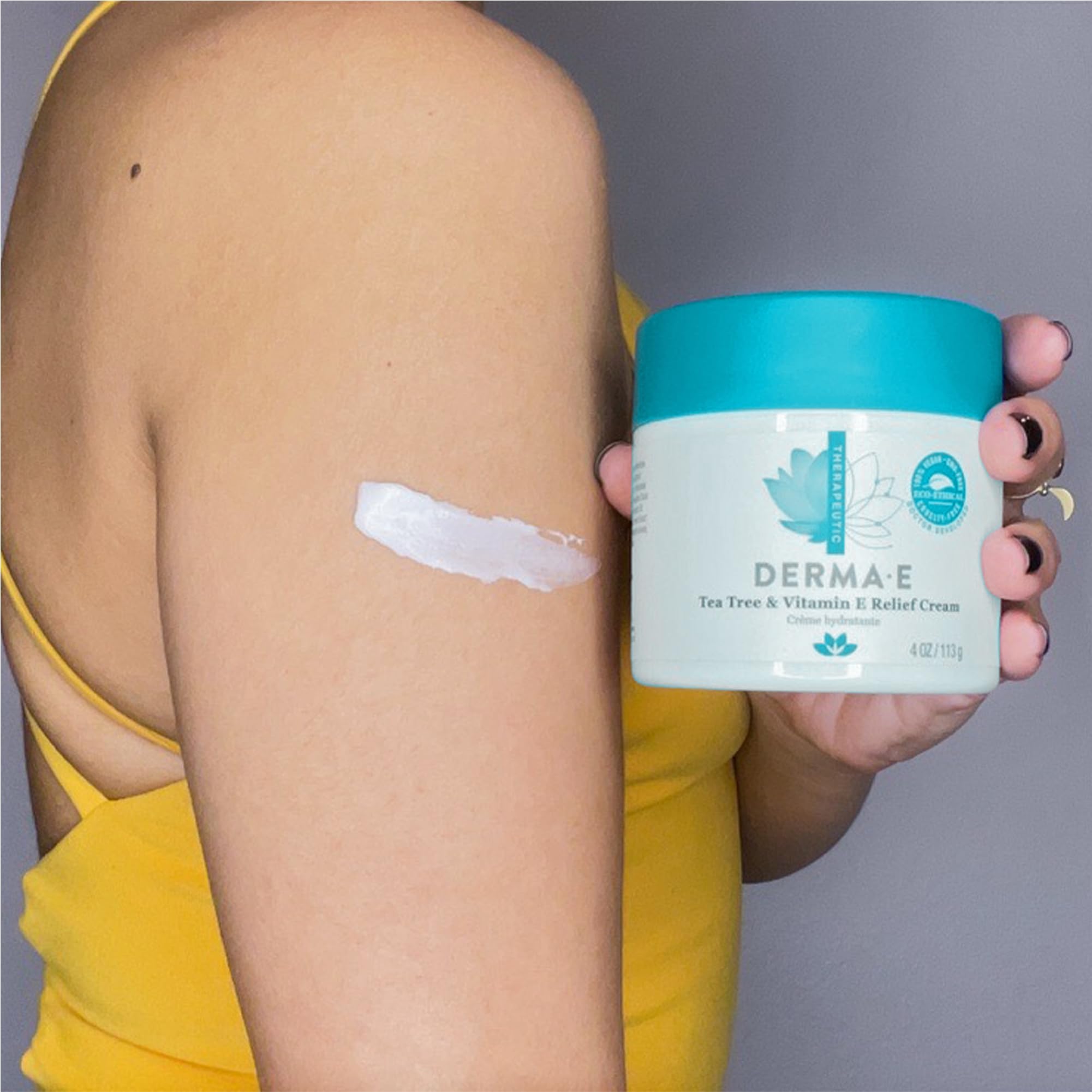 Derma E Tea Tree Relief Cream texture swatch reveals lightweight hydrating feel.