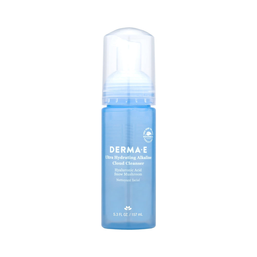 Derma E Ultra Hydrating Cloud Cleanser bottle pour for gentle makeup removal and hydration.