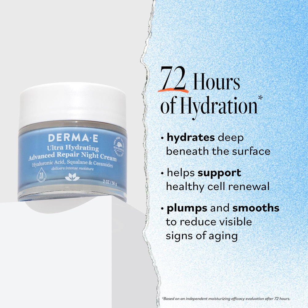 Derma E Ultra Hydrating Night Cream featuring green tea and hyaluronic acid as key ingredients