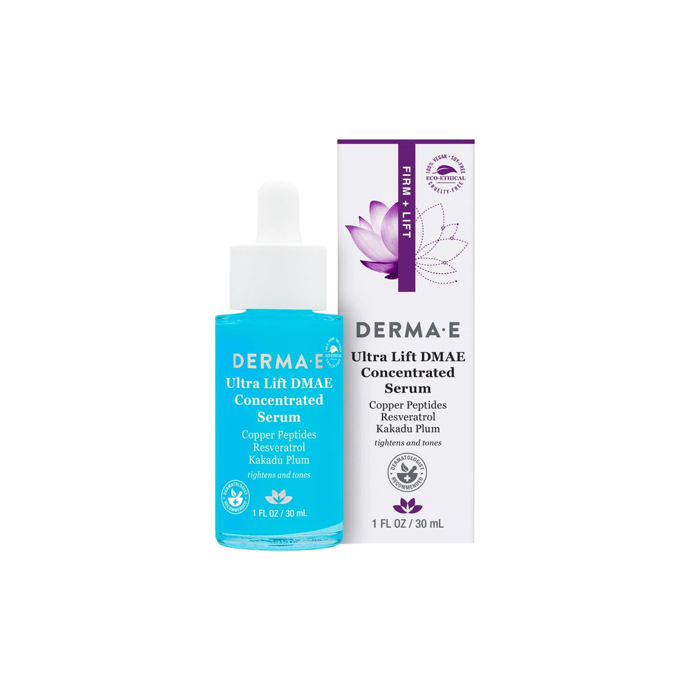 Derma E Ultra Lift Serum bottle—firming, hydrating facial care for daily use.