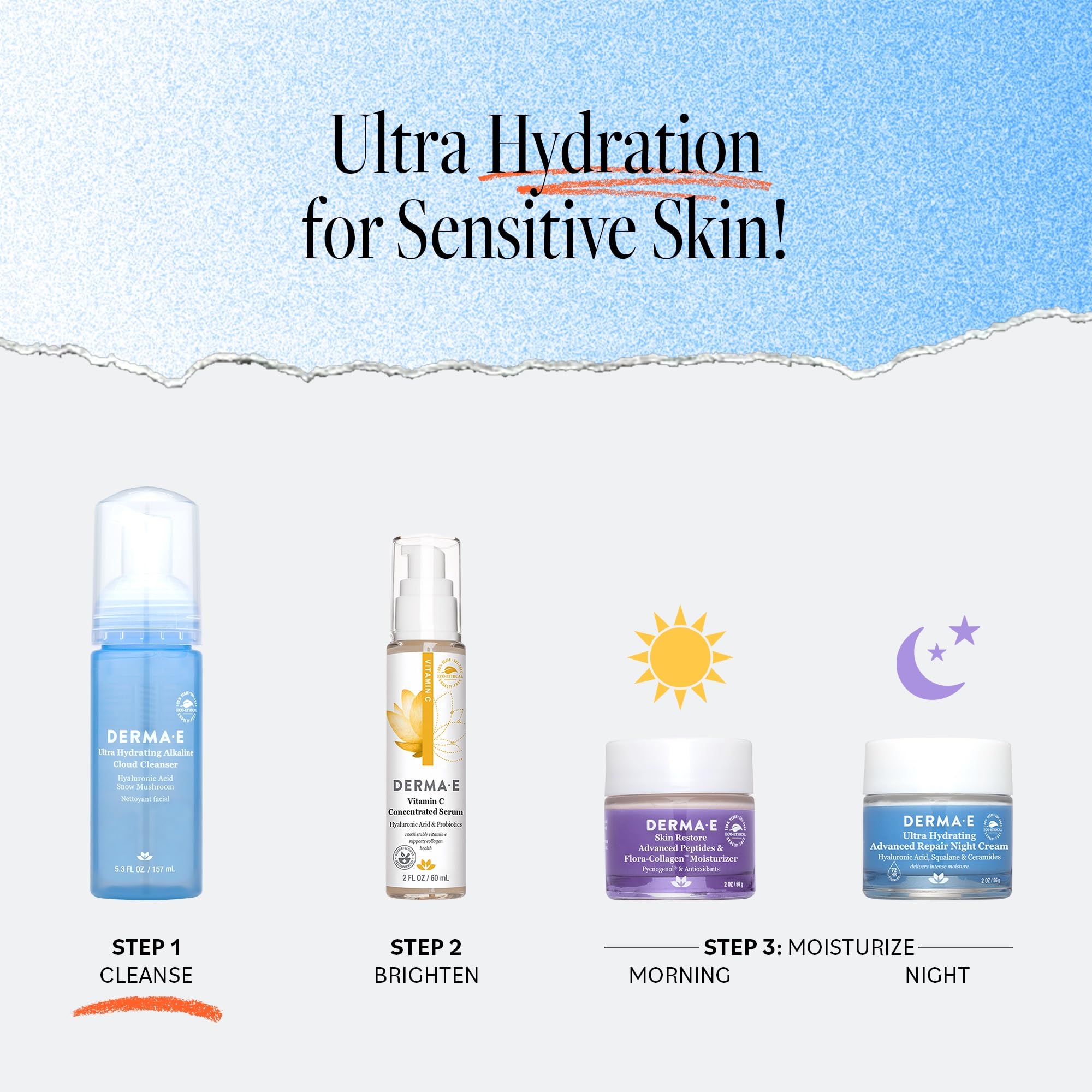 Derma E Vegan Cruelty-Free packaging shown as recyclable and eco-friendly.