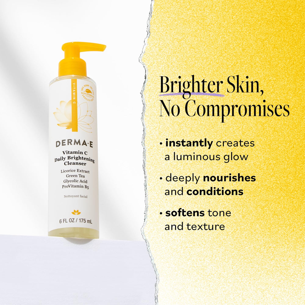 Derma E Vitamin C Daily Brightening Cleanser pump highlights gentle, sulfate-free cleansing for refreshed skin.