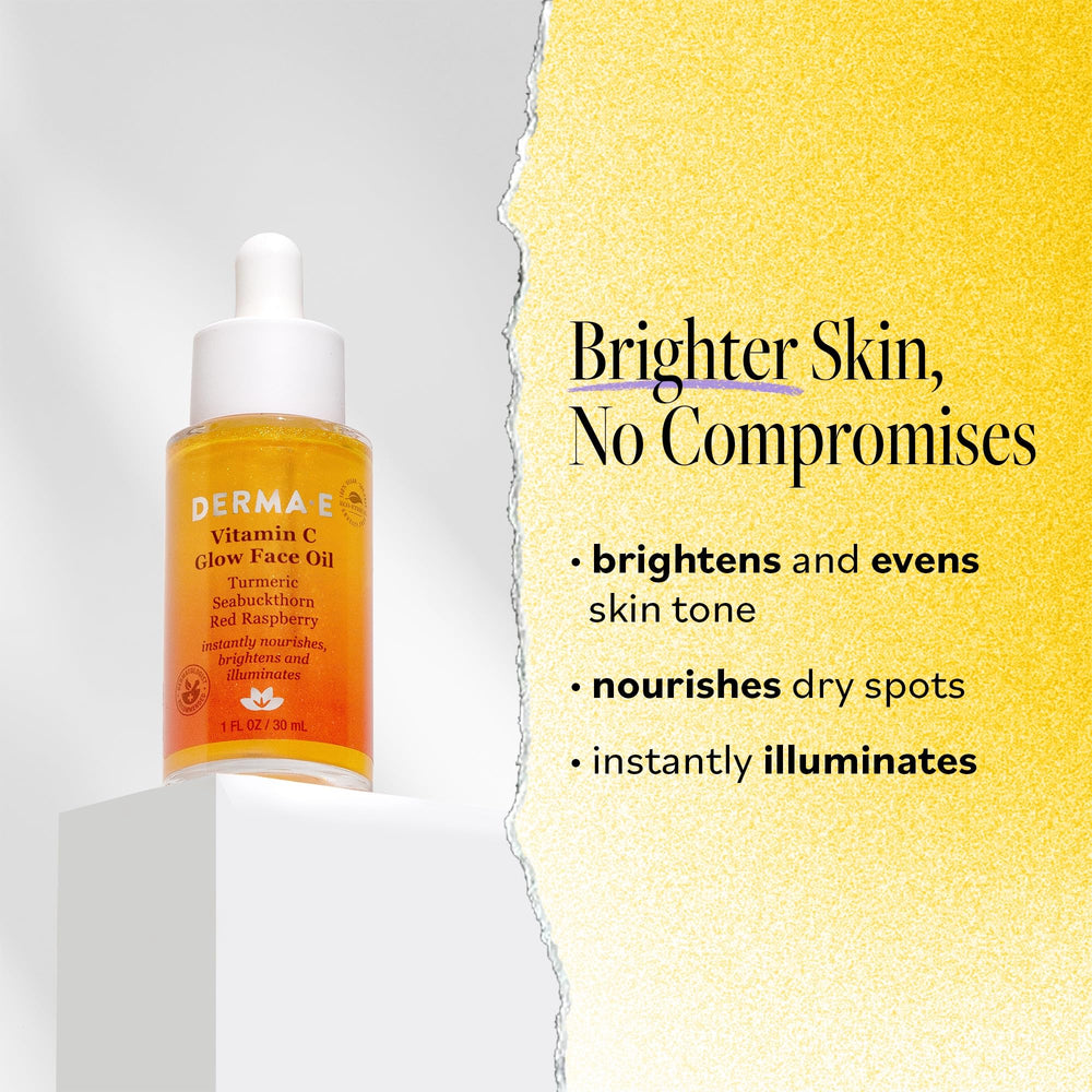 Derma E Glow Face Oil dropper applying a few drops for brightening and hydration