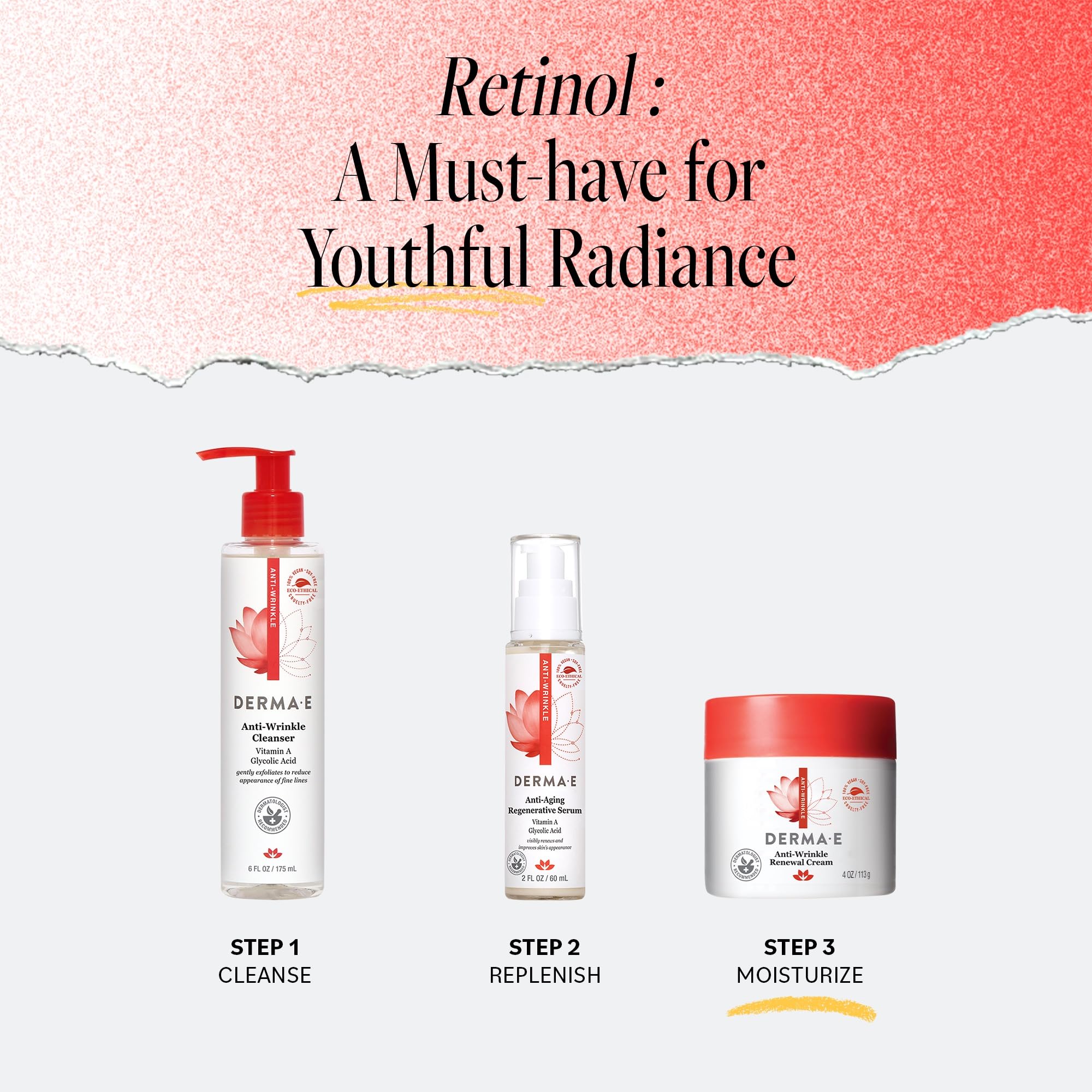 Derma E formula with Vitamin E, Allantoin, Panthenol provides soothing, gentle care.