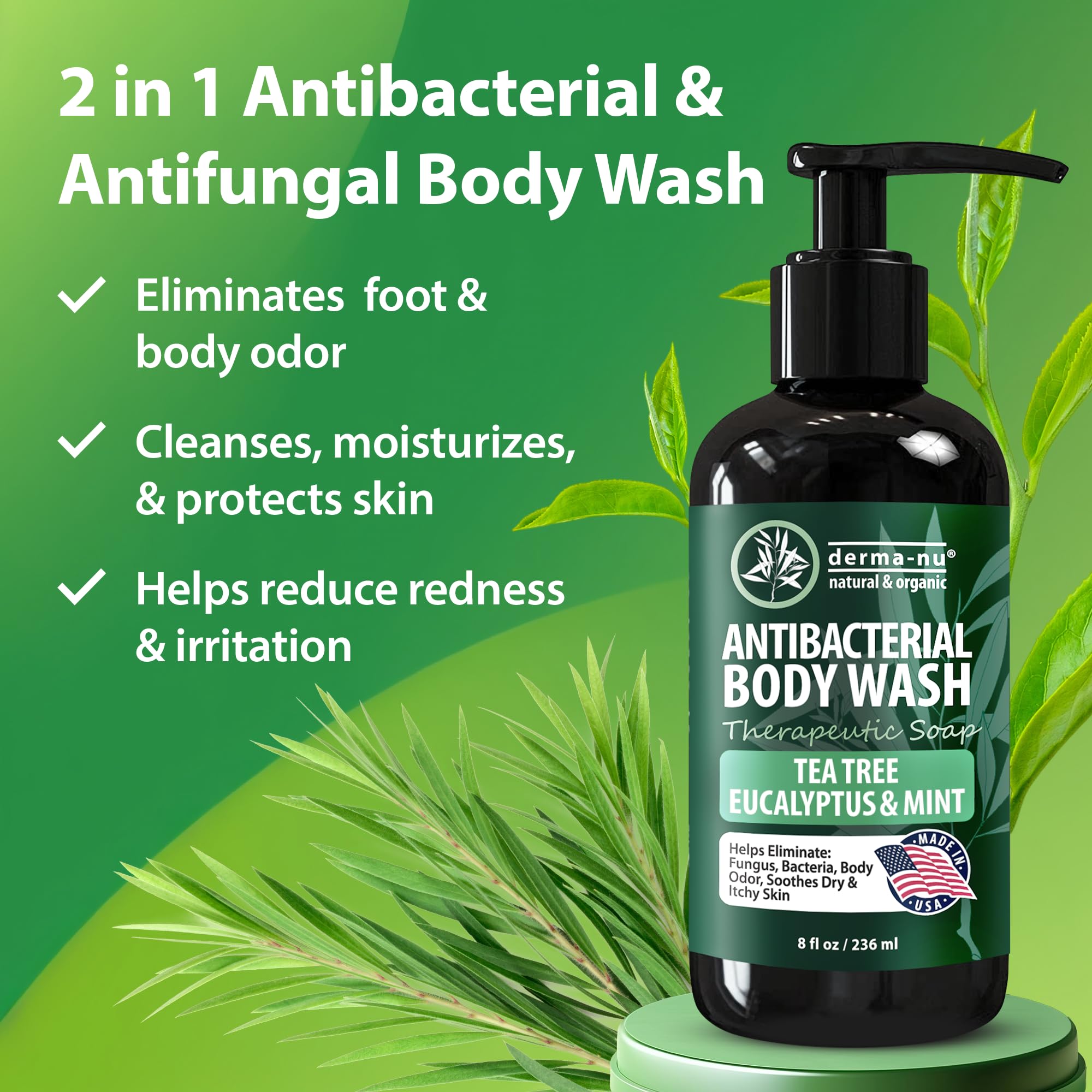 Derma-Nu odor-control image underscores deodorizing properties for all-day freshness.