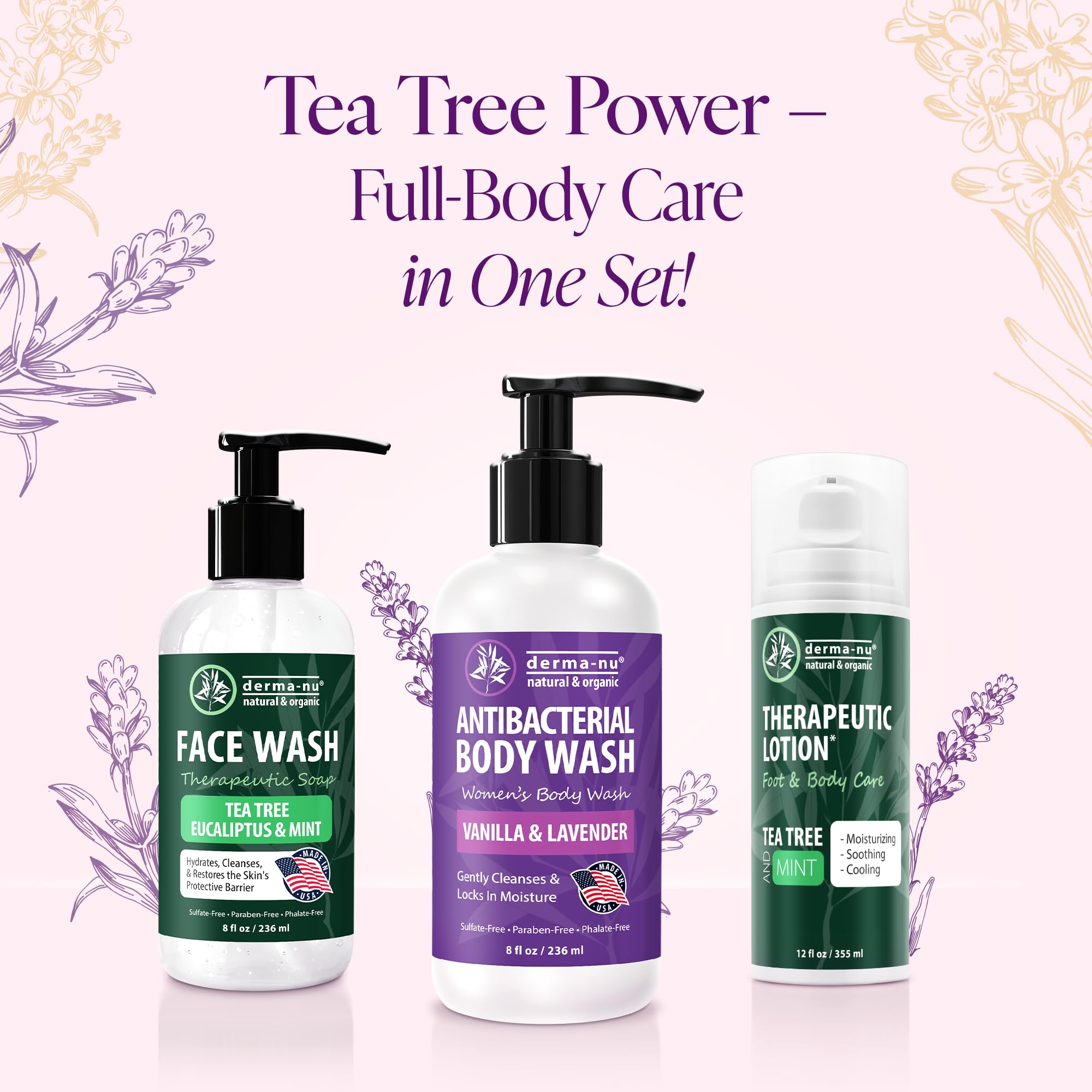 Derma-Nu Tea Tree Body Wash suitable for all skin types with gentle cleansing.