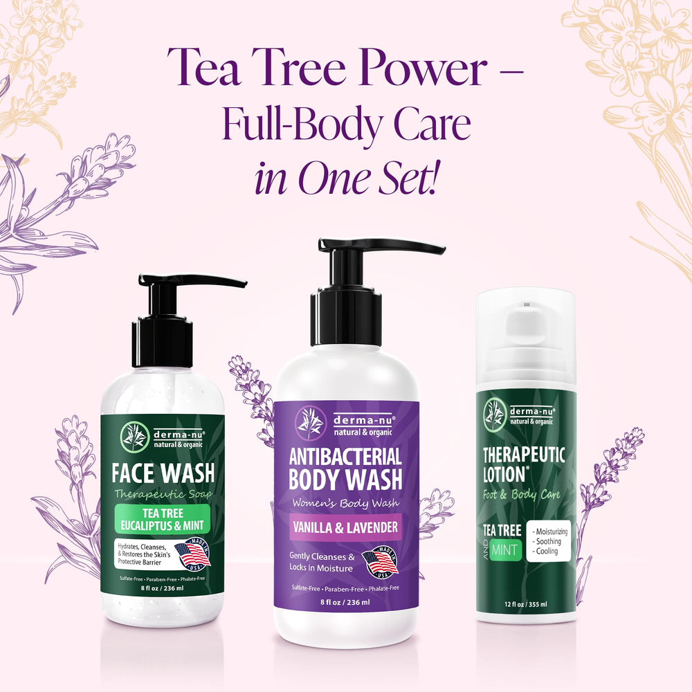 Derma-Nu Tea Tree Body Wash suitable for all skin types with gentle cleansing.