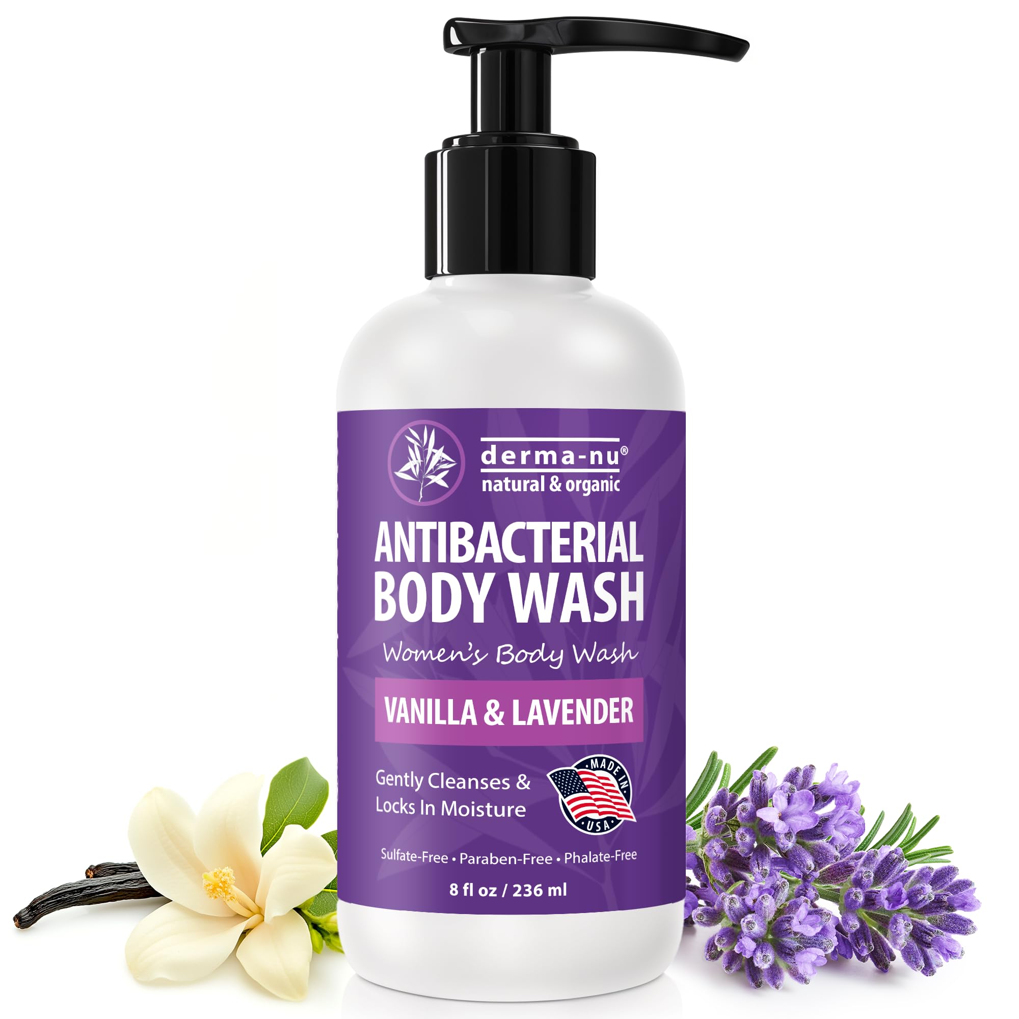 Derma-Nu Tea Tree Body Wash bottle promotes clean, refreshed skin with antibacterial properties.