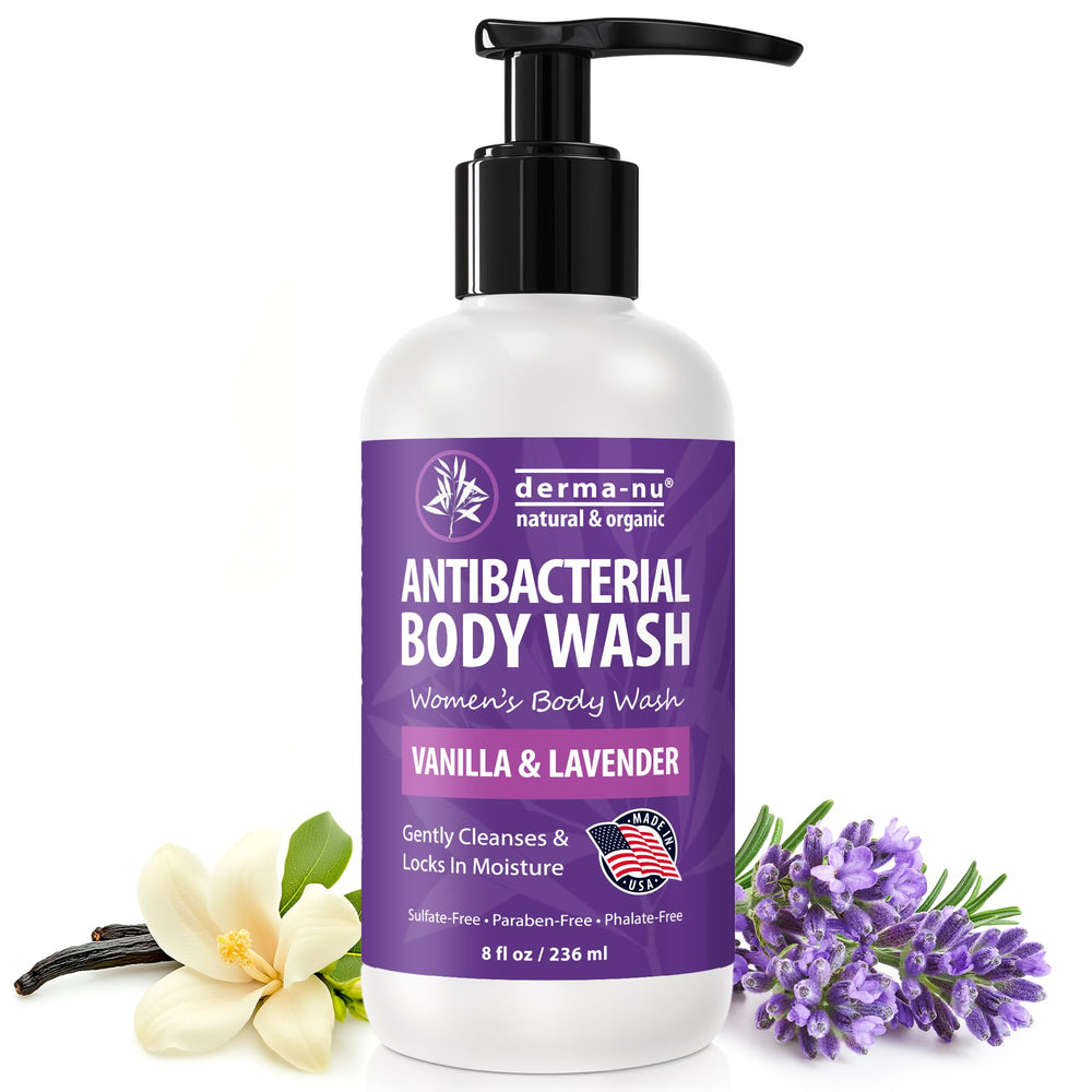Derma-Nu Tea Tree Body Wash bottle promotes clean, refreshed skin with antibacterial properties.