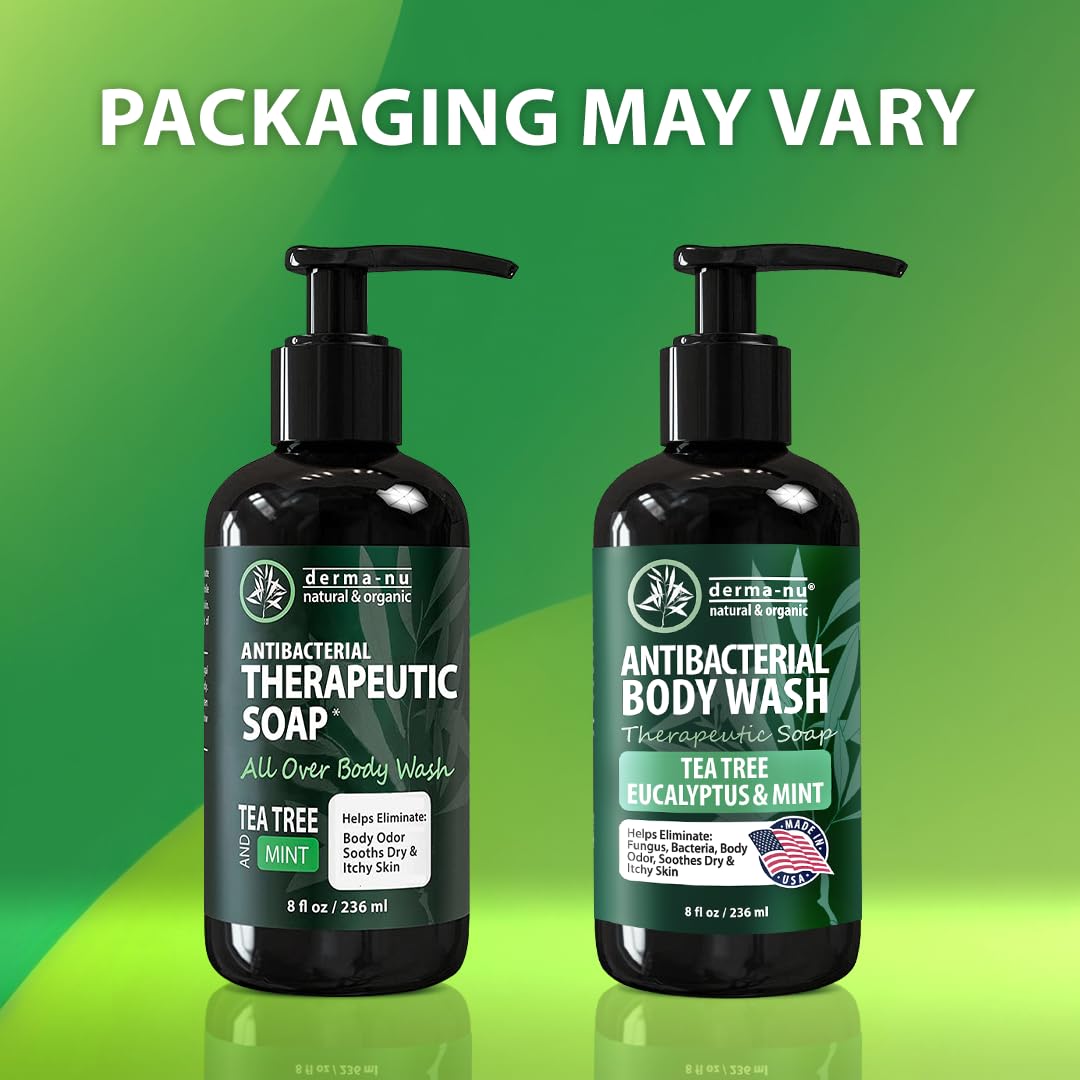 Derma-Nu tea tree body wash pump bottle emphasizes refreshing cleanse and all-day freshness.