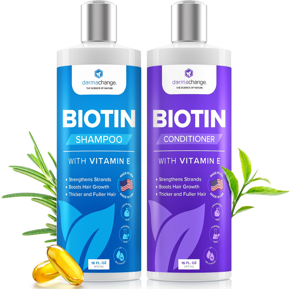 DermaChange Biotin Shampoo bottle pour for fuller-looking hair and easy application.