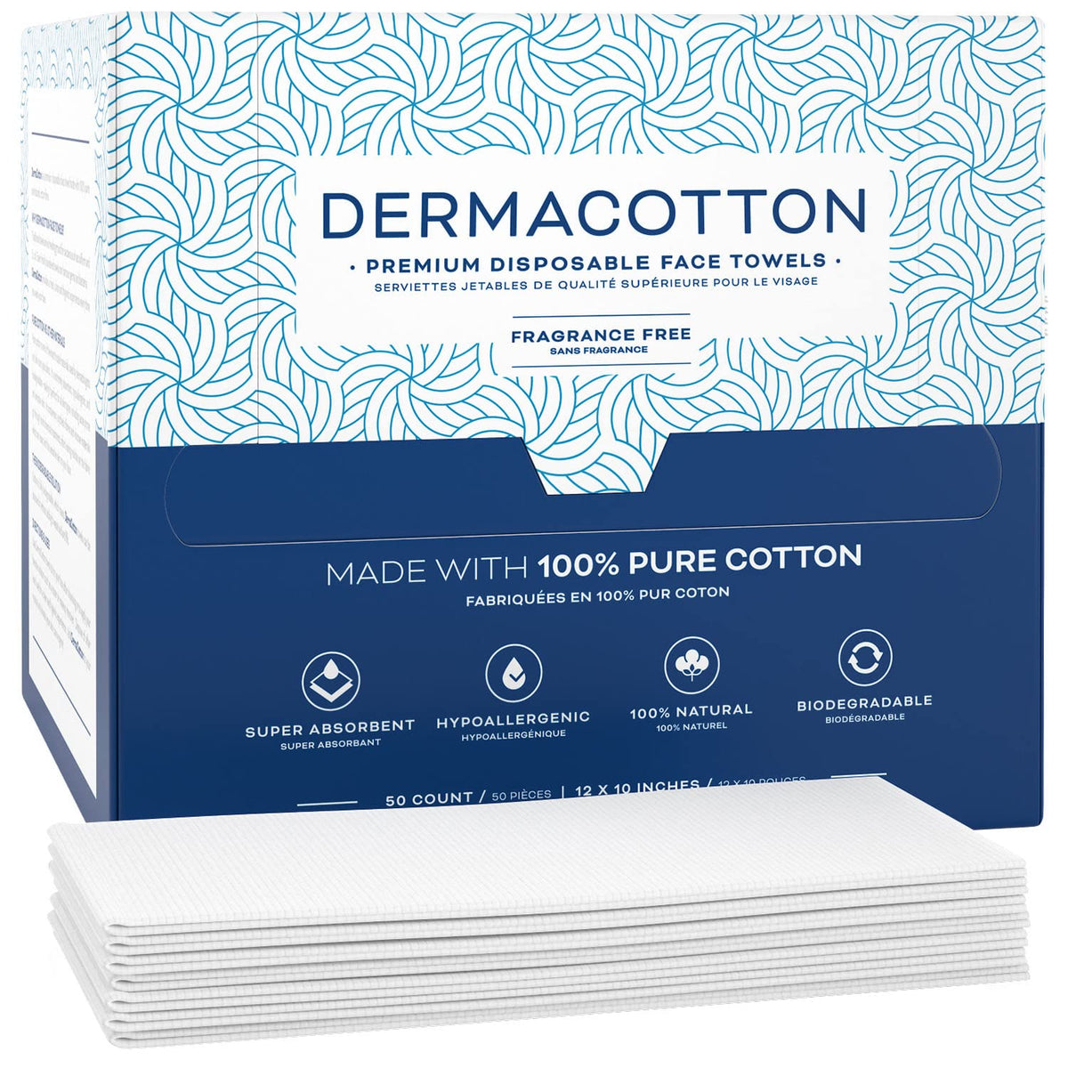 Dermacotton X-Large face towels pack shot highlighting ultra-soft, pure cotton for gentle cleansing.