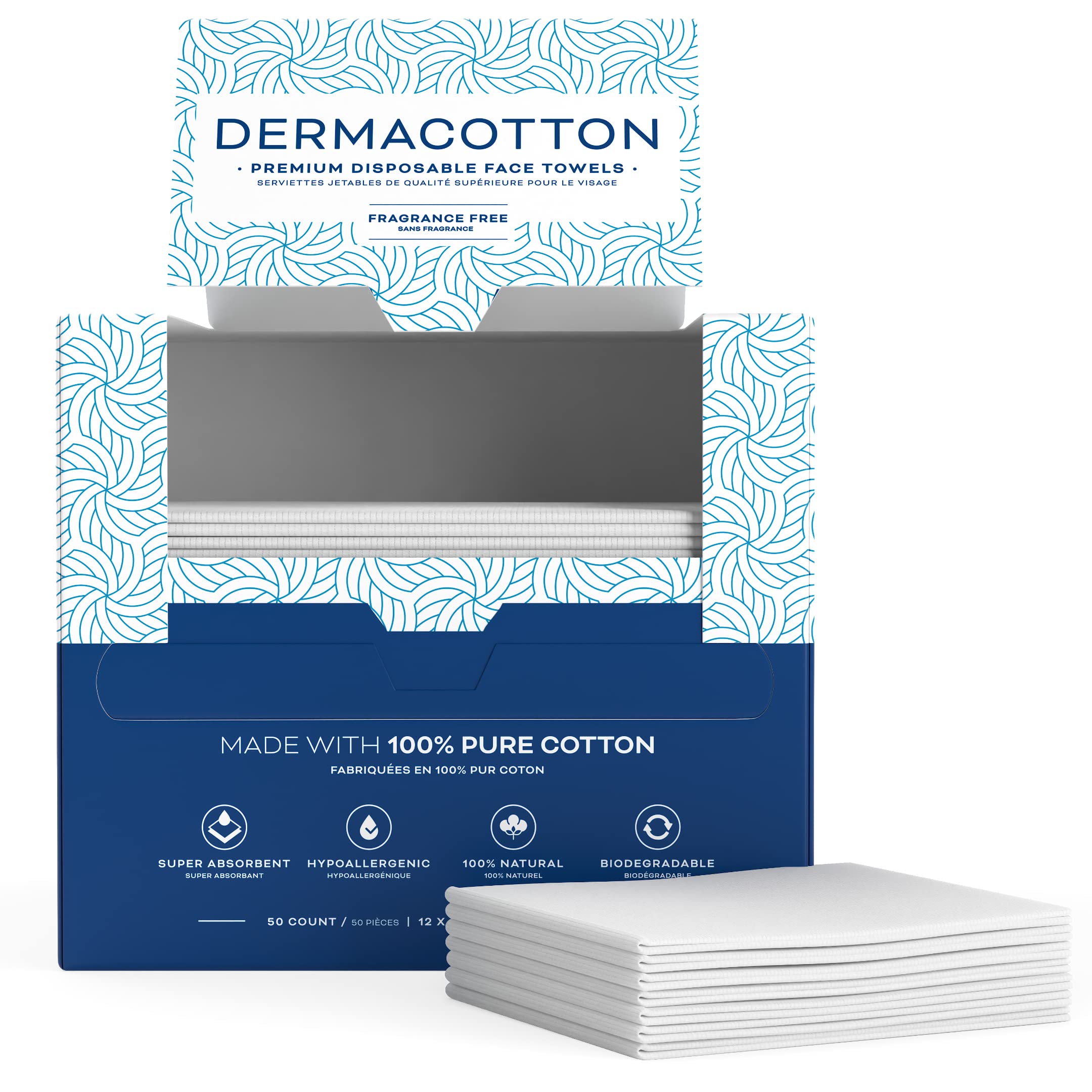 Dermacotton X-Large hypoallergenic-label highlights fragrance-free design for sensitive-acne-prone skin.