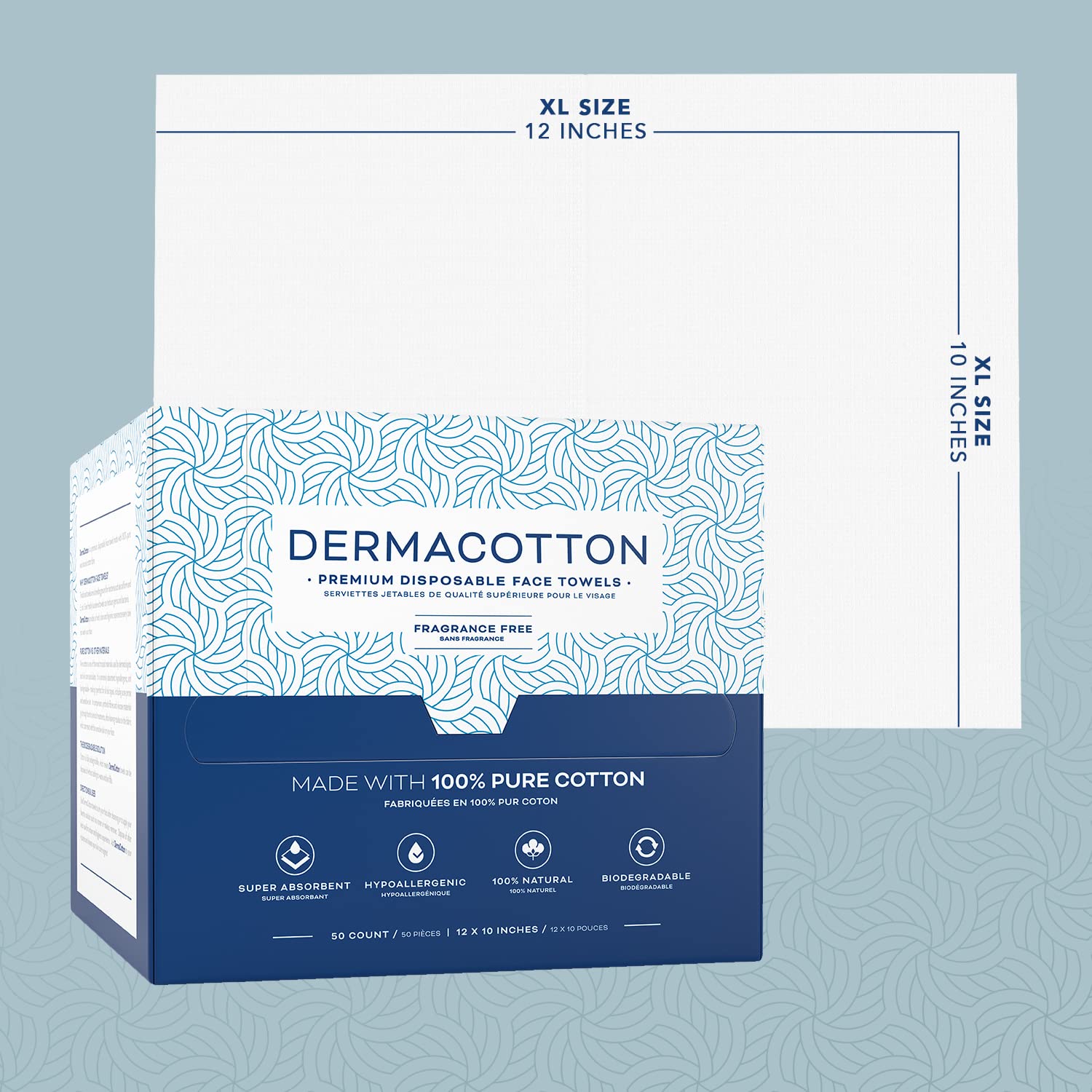 Dermacotton X-Large sensitive-skin usage highlights hypoallergenic, fragrance-free towels for delicate care.