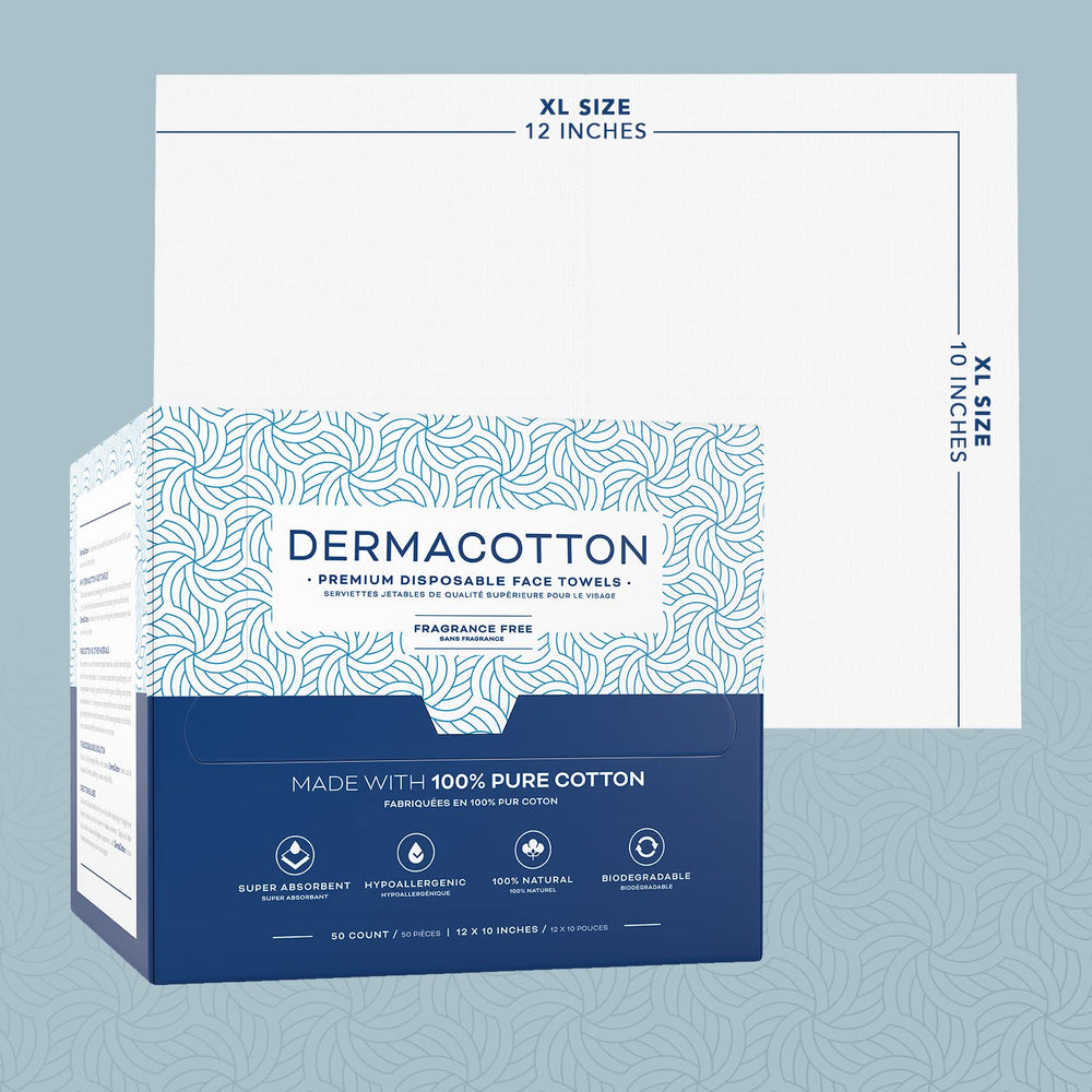 Dermacotton X-Large sensitive-skin usage highlights hypoallergenic, fragrance-free towels for delicate care.