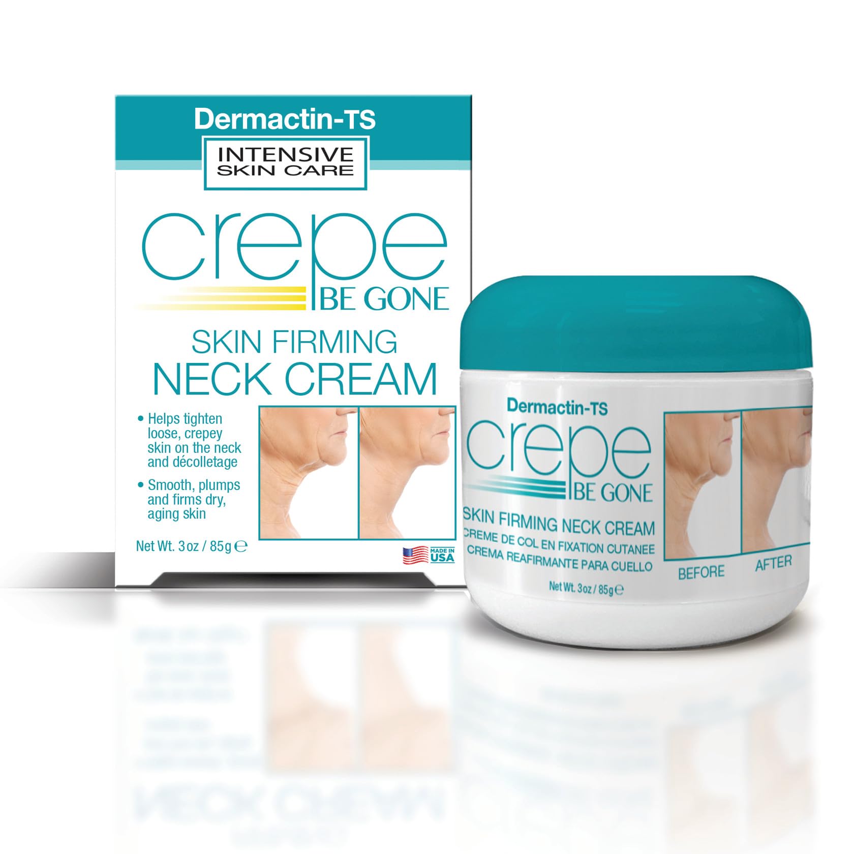 Dermactin Crepe Be Gone neck cream bottle closeup for premium neck care.