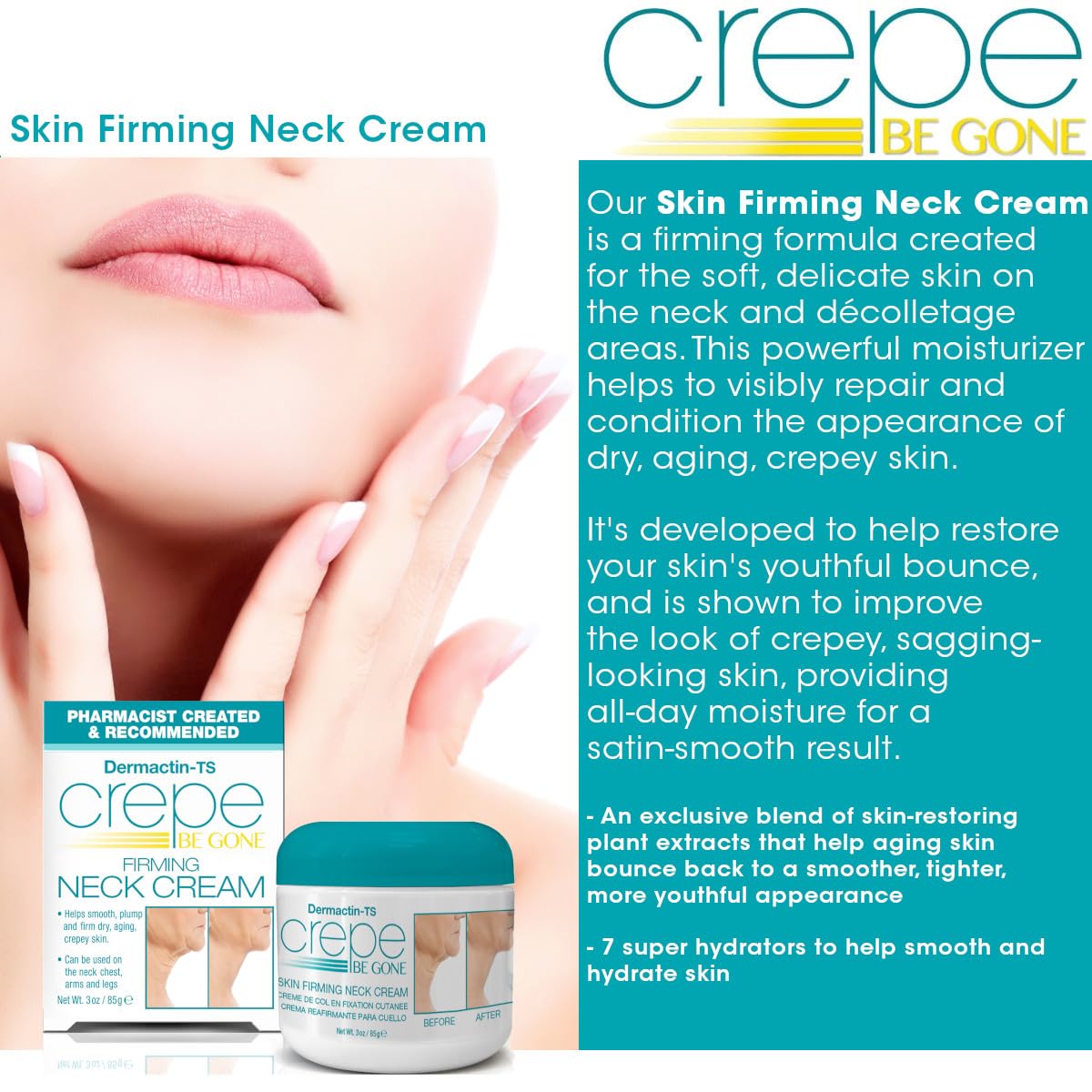 Dermactin Crepe Be Gone neck cream jar label highlights pharmacist-created formula.