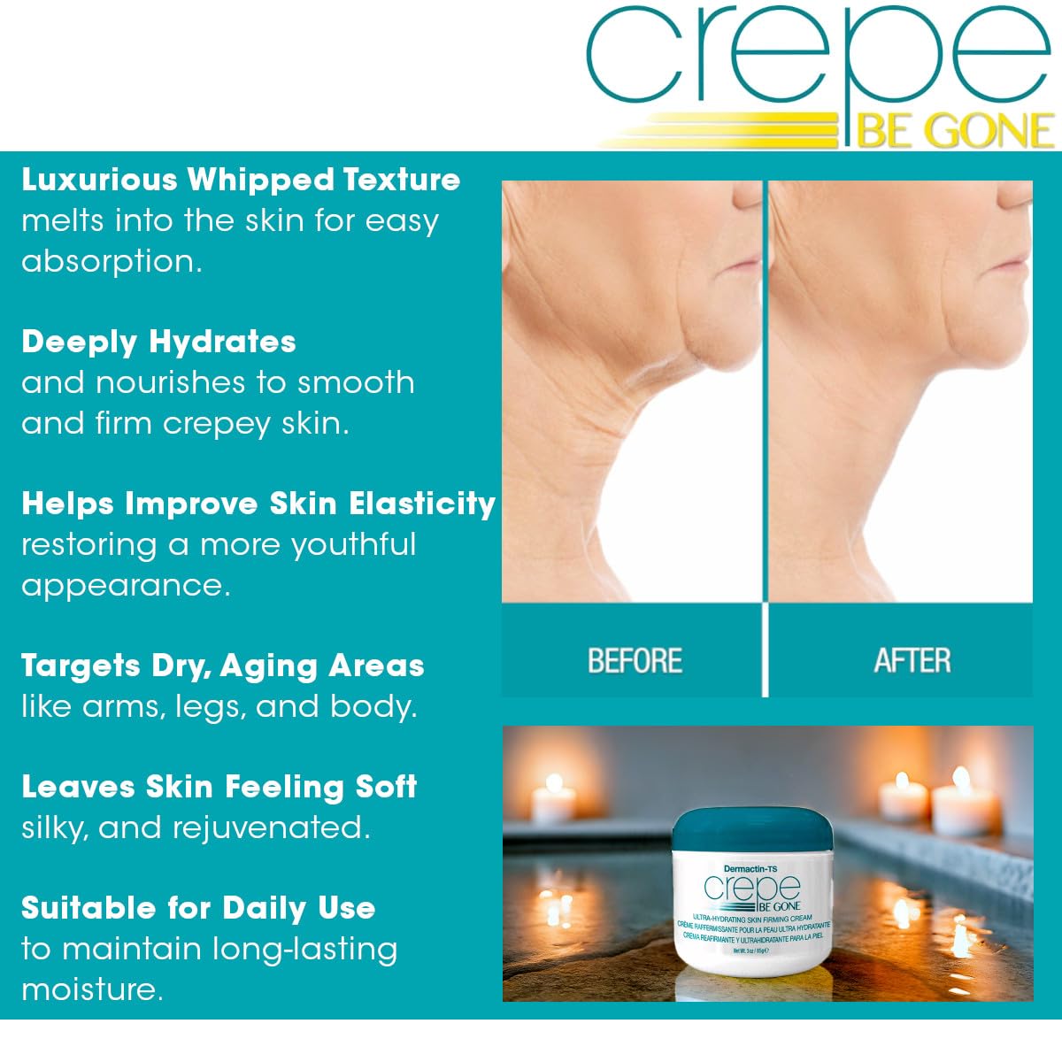 Dermactin Crepe Be Gone product on skin implies soft, silky finish.