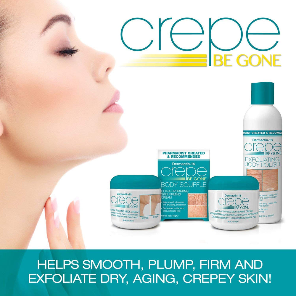 Dermactin Crepe Be Gone cream being applied on arms to target crepey skin.