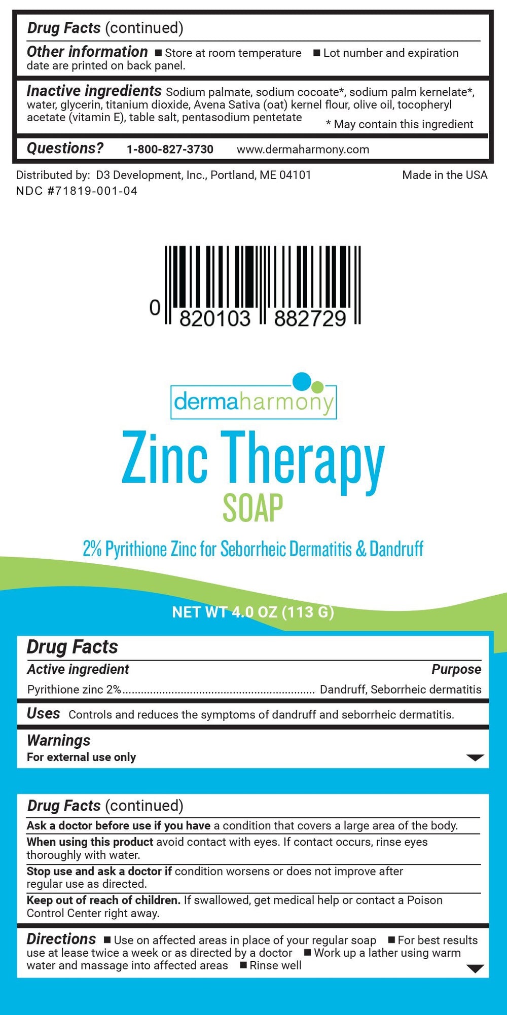 DermaHarmony pyrithione zinc soap bar closeup shows fragrance-free formula and natural ingredients