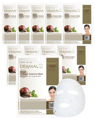 DERMAL Snail Collagen Essence Mask 10-pack box front highlighting hydration boost for daily care