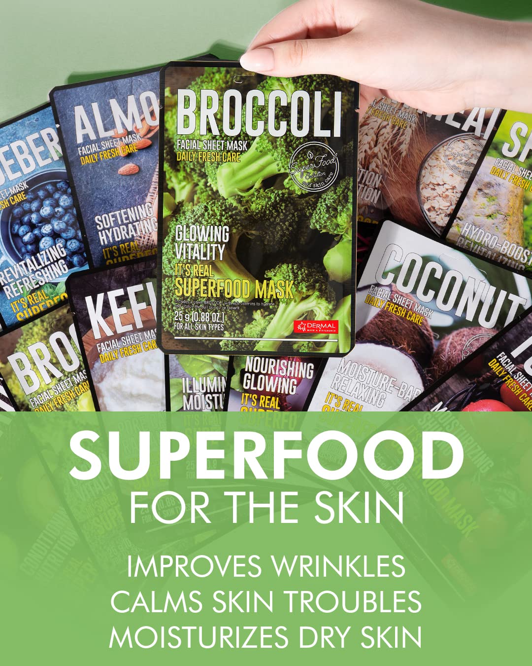 DERMAL Super Food ingredients close-up, almond spinach beet blueberry nourish skin