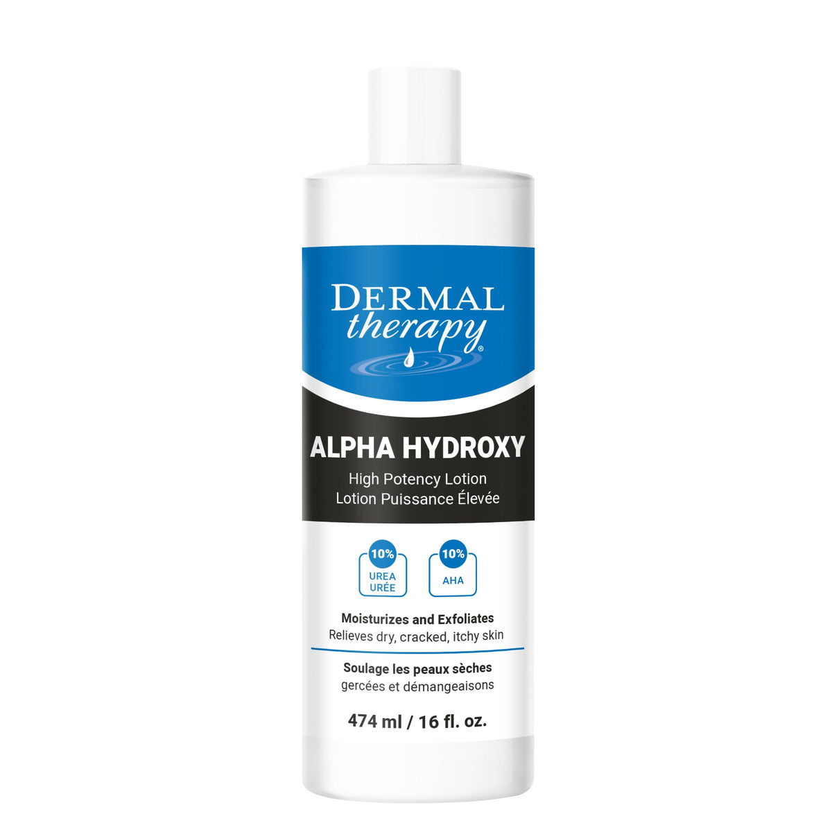 Dermal Therapy Alpha Hydroxy Lotion fragrance-free bottle front shows daily hydration for dry skin