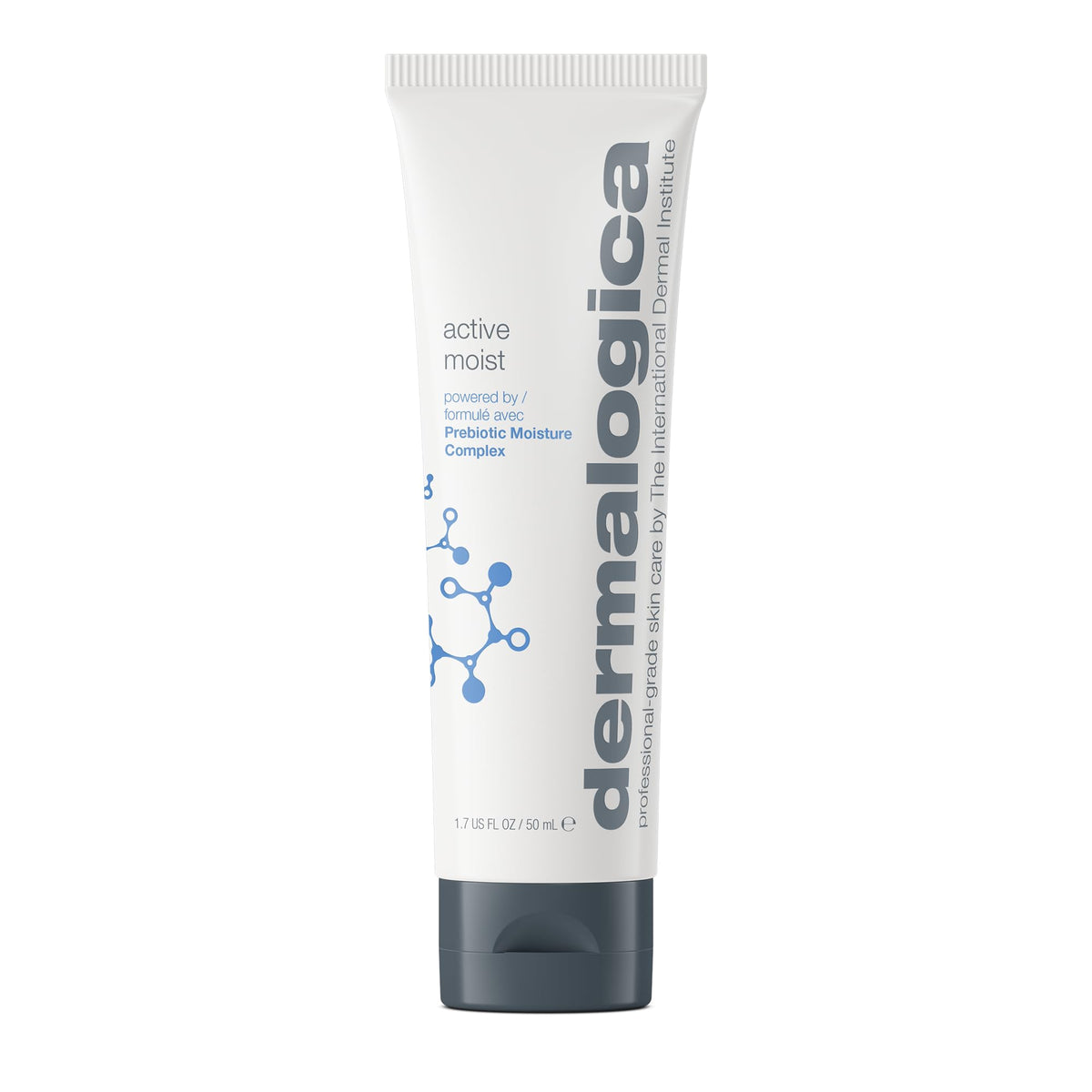 Dermalogica Active Moist bottle front shows lightweight, oil-free hydration for daily skin comfort.
