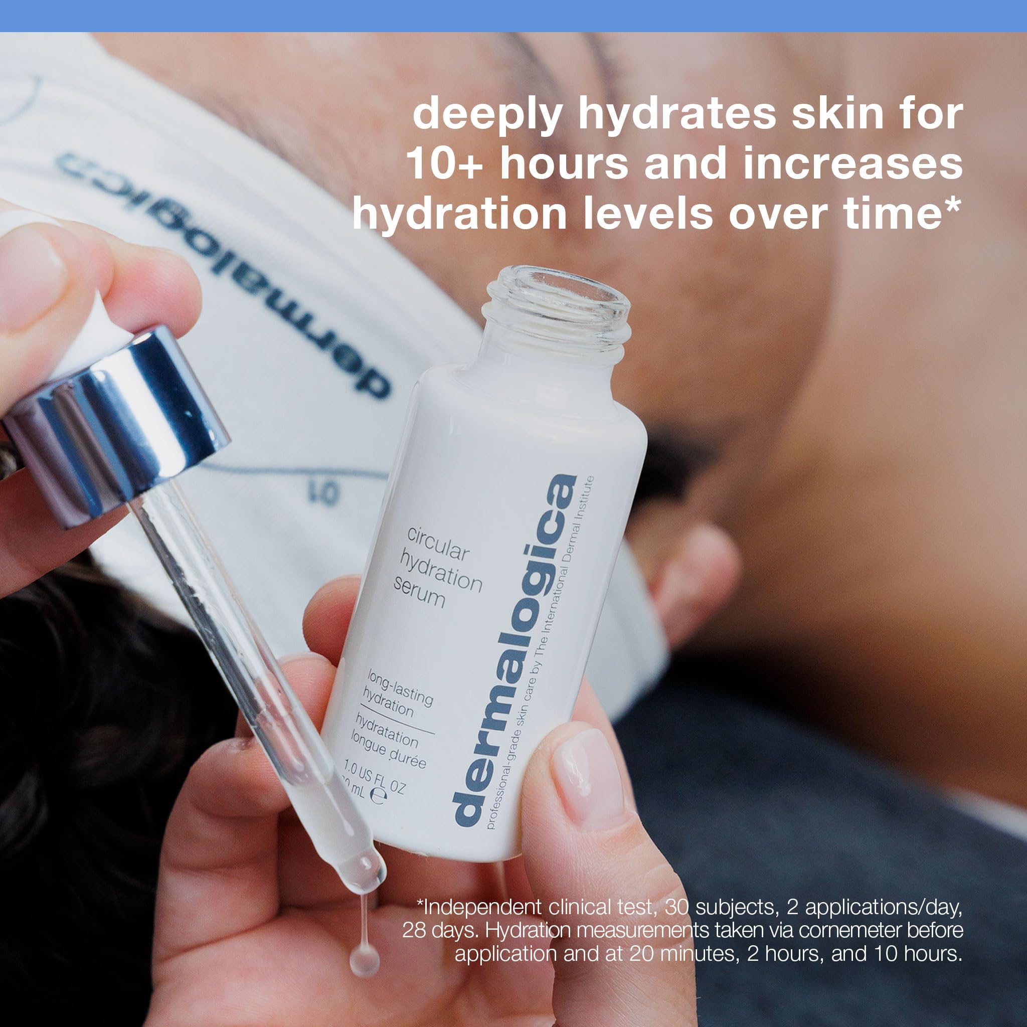 Dermalogica Circular Hydration Serum with algae extract demonstrates moisture-locking action.