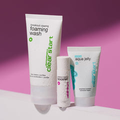 Dermalogica Clear Start 3-step regimen on bathroom counter ready for daily use.
