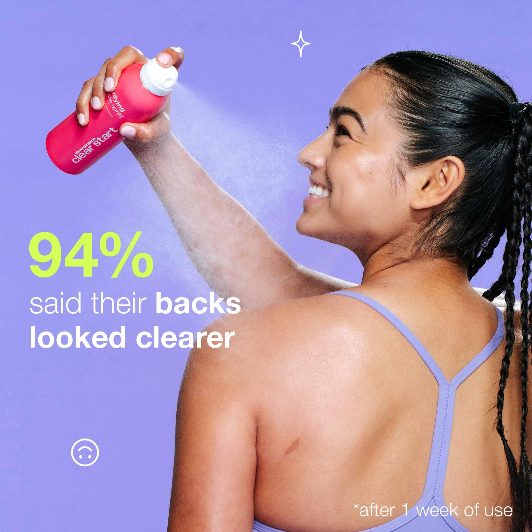 Dermalogica Clear Start bacne spray back-area use shows simple 12-18 inch application.