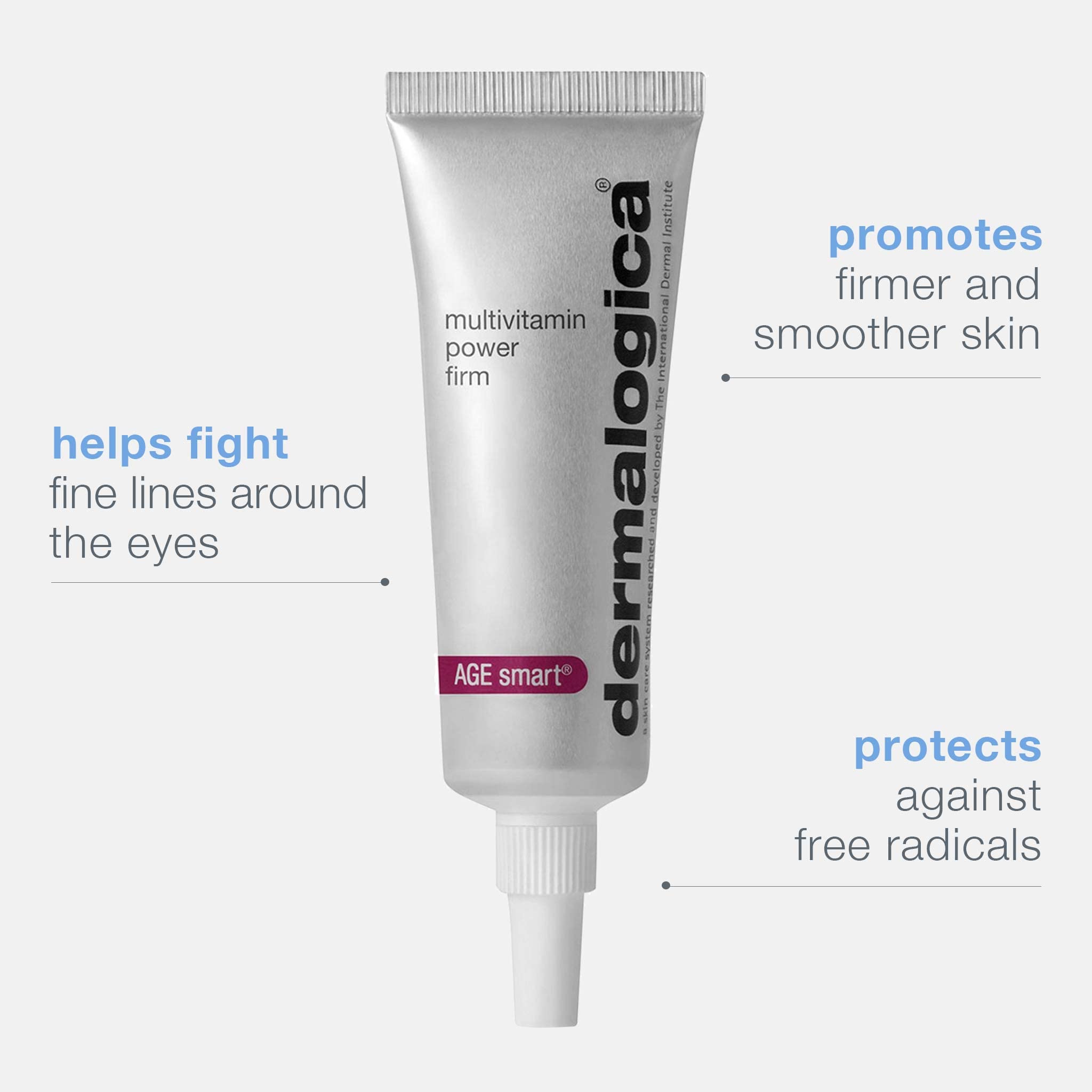 Dermalogica Multivitamin Power Firm Eye Cream texture close-up suggests smoothing across the eye contour.