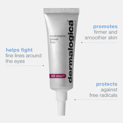 Dermalogica Multivitamin Power Firm Eye Cream texture close-up suggests smoothing across the eye contour.