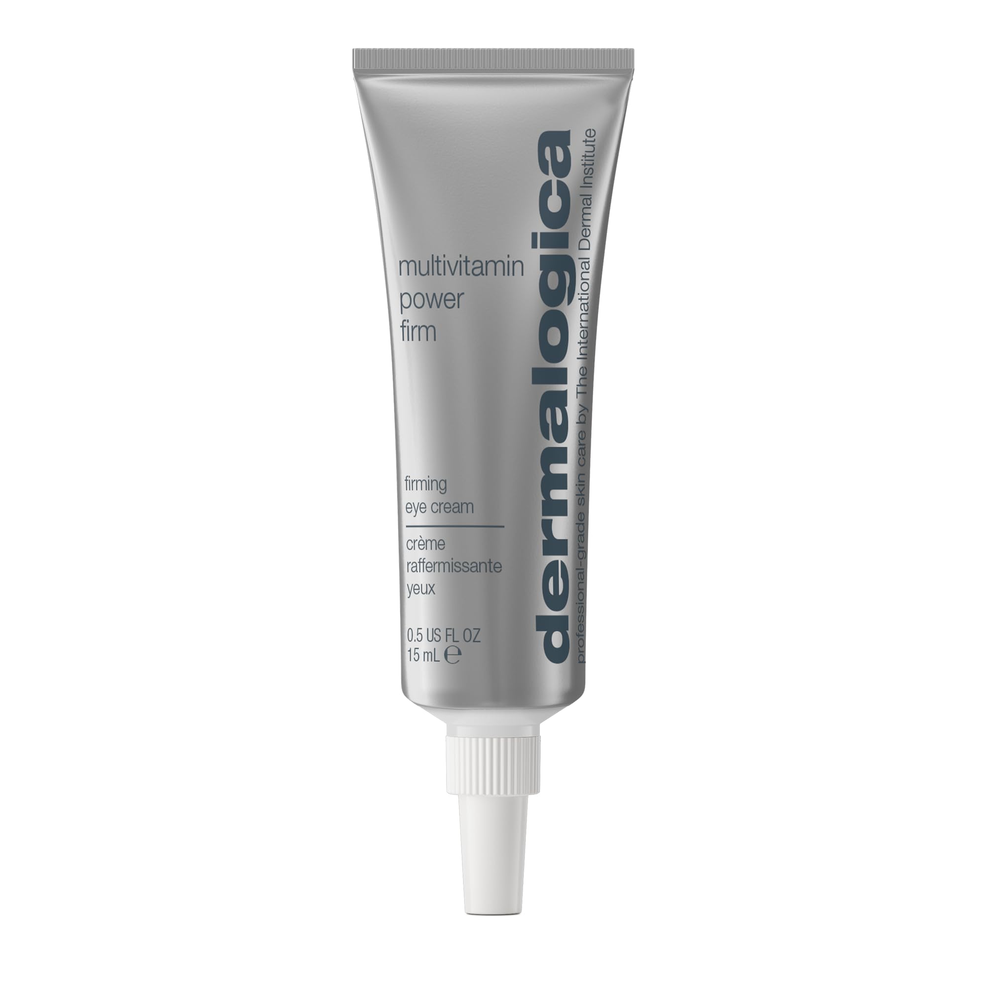 Dermalogica Multivitamin Power Firm Eye Cream tube close-up highlights firming action for the under-eye area.