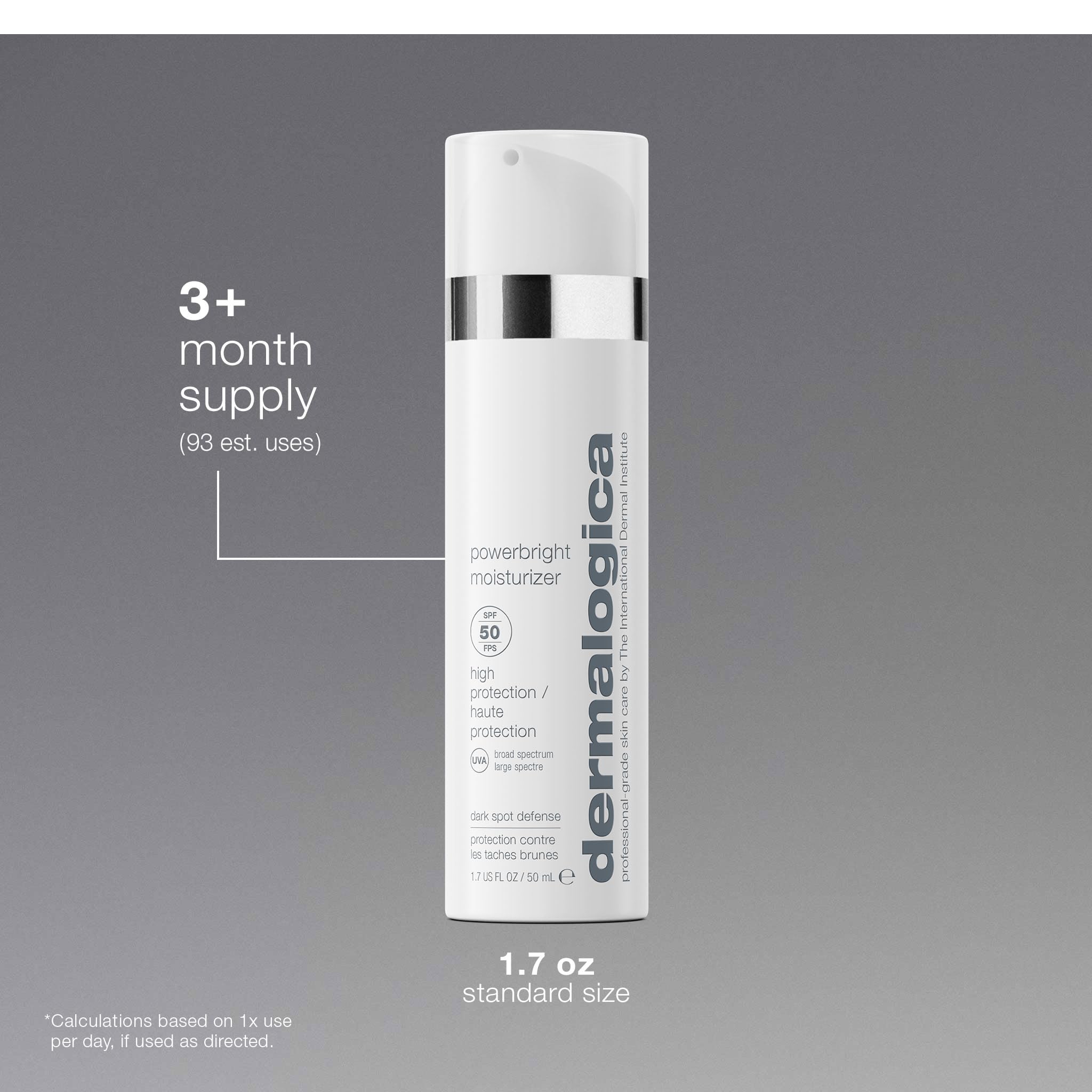 Dermalogica PowerBright Moisturizer SPF50 hyaluronic acid infusion for plump skin.