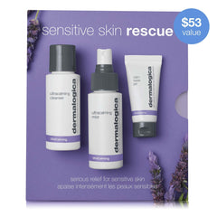 Dermalogica Sensitive Skin Rescue Kit box shows the calming three-step routine.