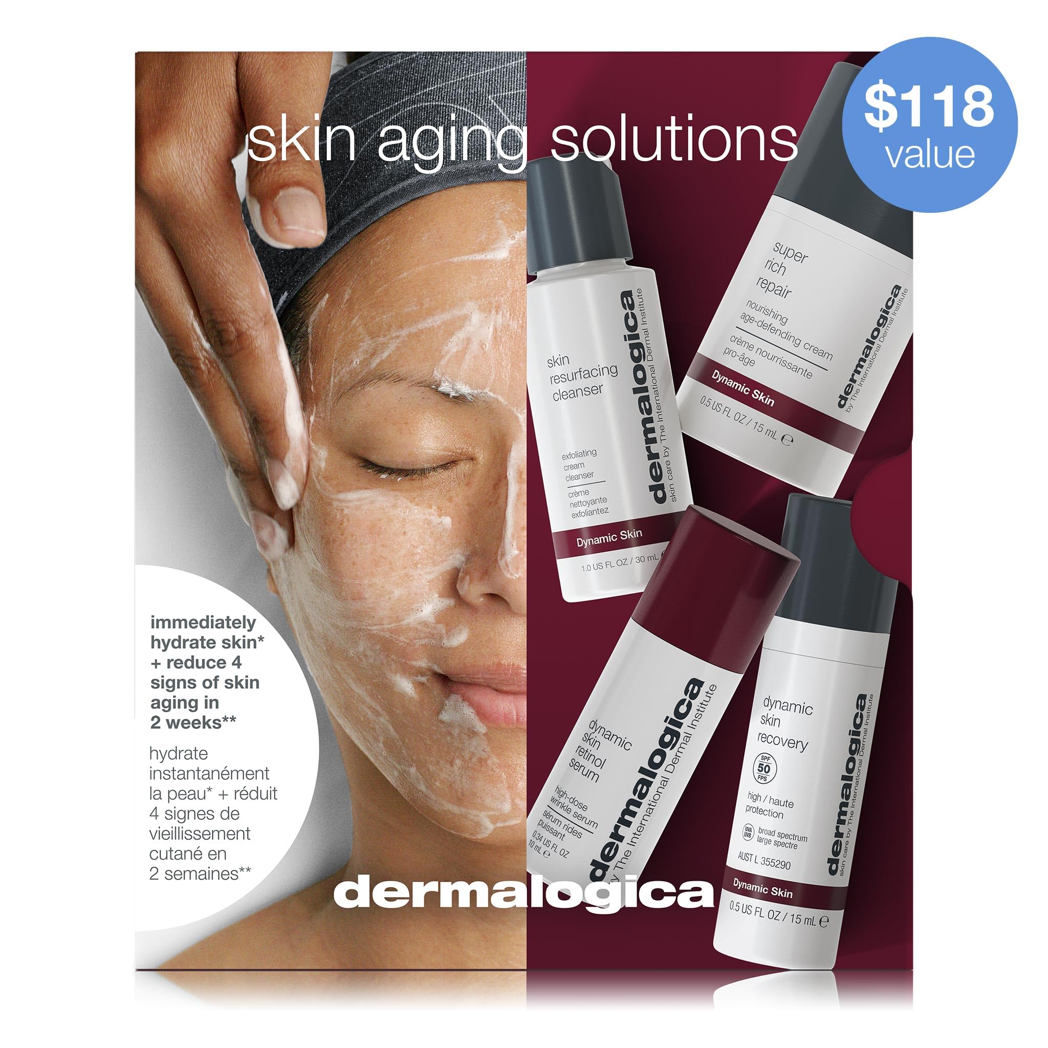Dermalogica Skin Aging Solutions Kit packaging front highlights four-product routine.