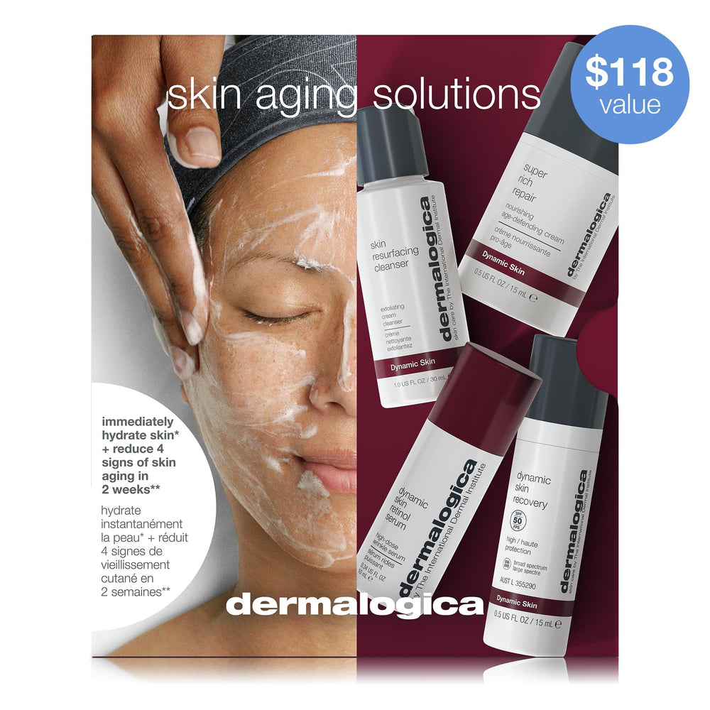 Dermalogica Skin Aging Solutions Kit packaging front highlights four-product routine.
