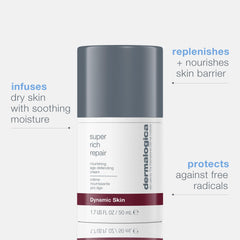 Dermalogica Super Rich Repair cream texture close-up highlights creamy nourishment.