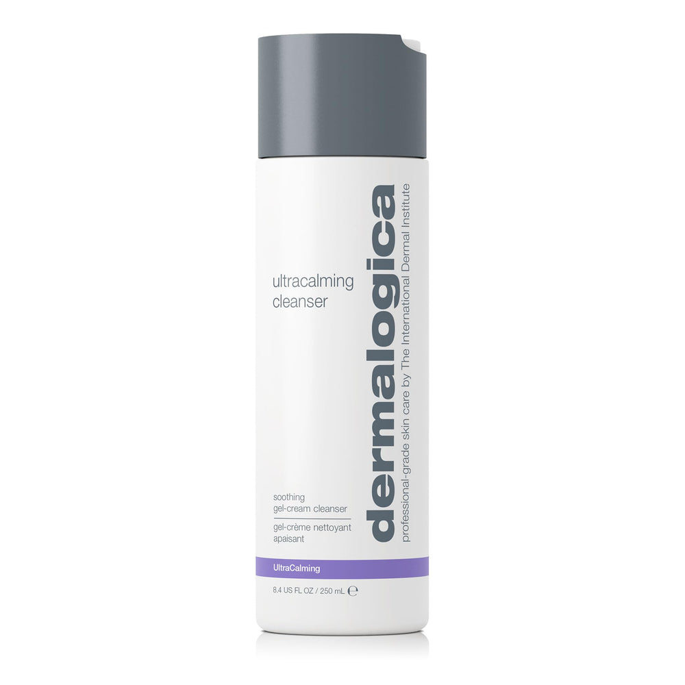 Dermalogica Ultracalming Cleanser bottle pump shows gentle cleansing for sensitive skin
