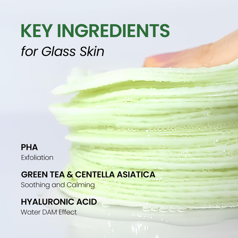 DERMALOGY Green Tea & PHA action pad image highlights mild exfoliation.