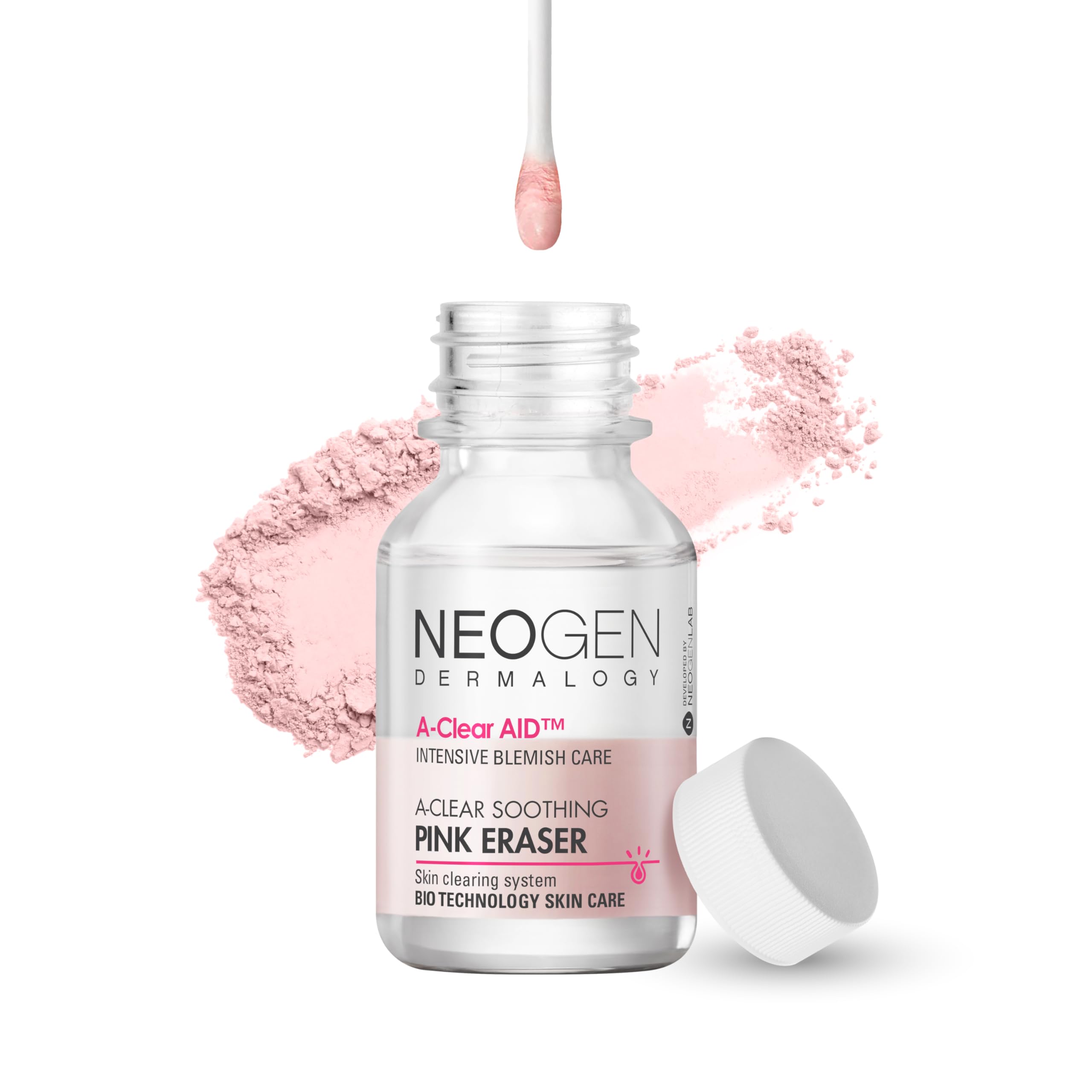 DERMALOGY A-Clear jar close-up shows calming pink calamine for blemish care.