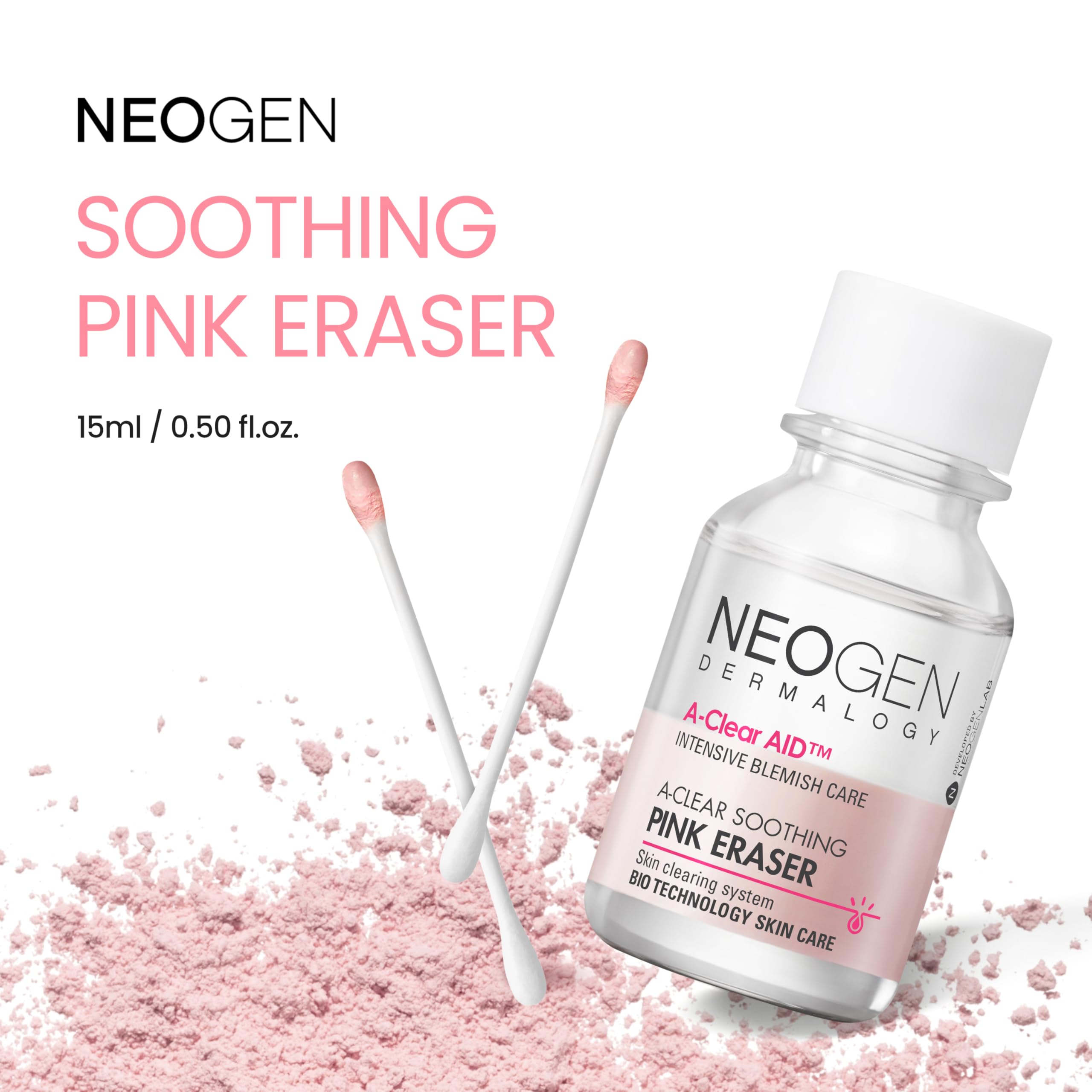 DERMALOGY A-Clear two-layer jar reveal highlights fluid layer and pink powder.