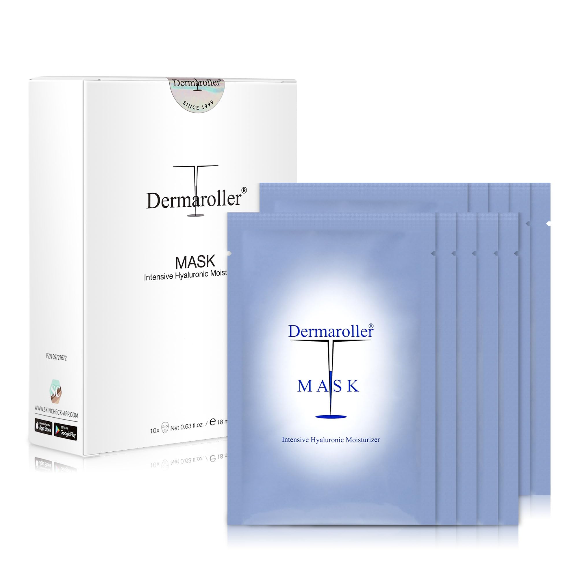 Dermaroller Hydrating Face Mask Sheets pack viewing 10 masks with HA and Matrixyl for deep hydration